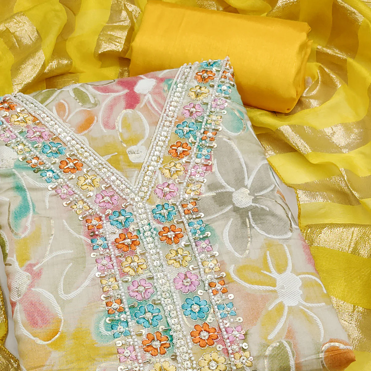 Vibrant Yellow Floral Printed Roman Art Silk Dress Material Adorned With Sparkling Beads & Sequins - Image 2
