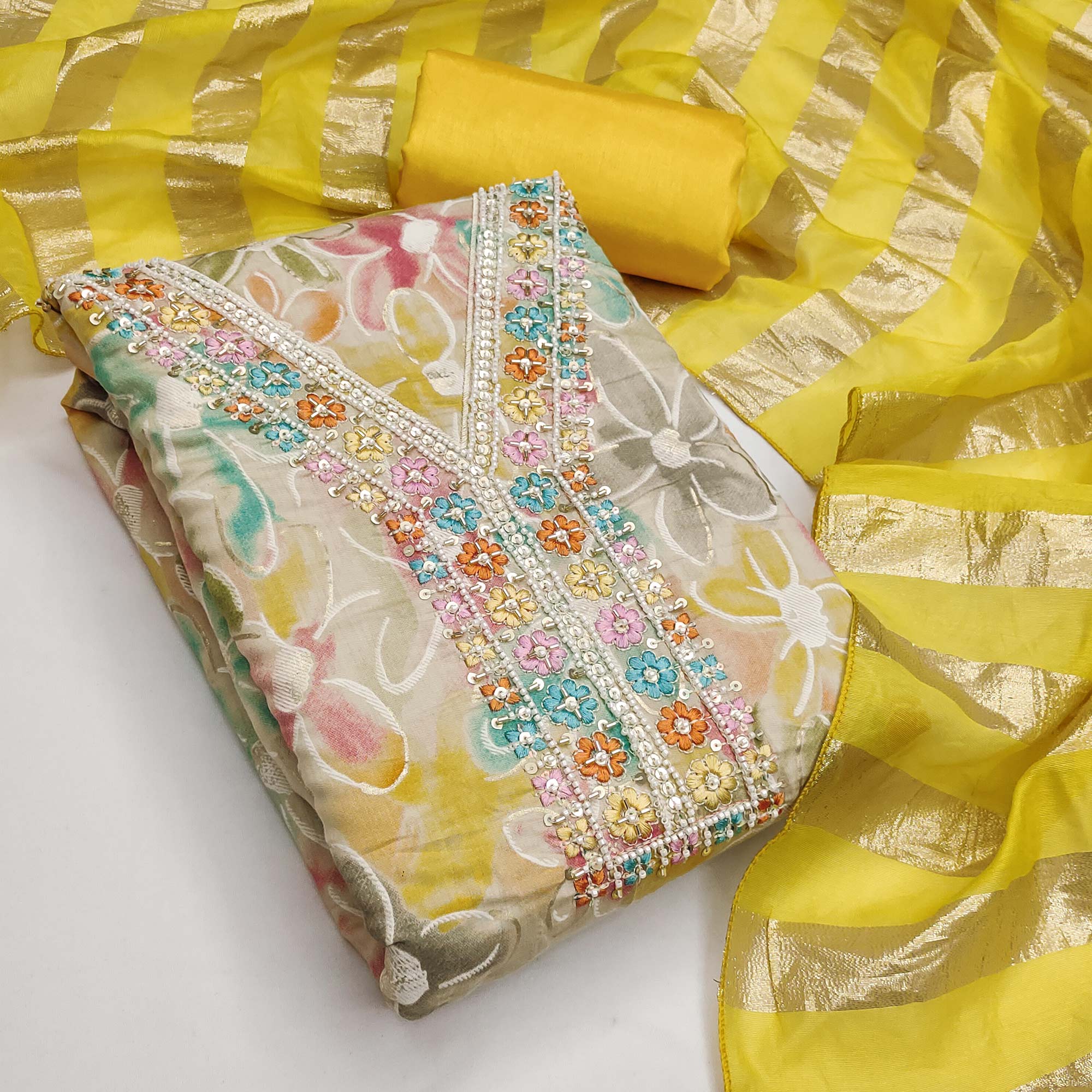 Vibrant Yellow Floral Printed Roman Art Silk Dress Material Adorned With Sparkling Beads & Sequins - Image 3