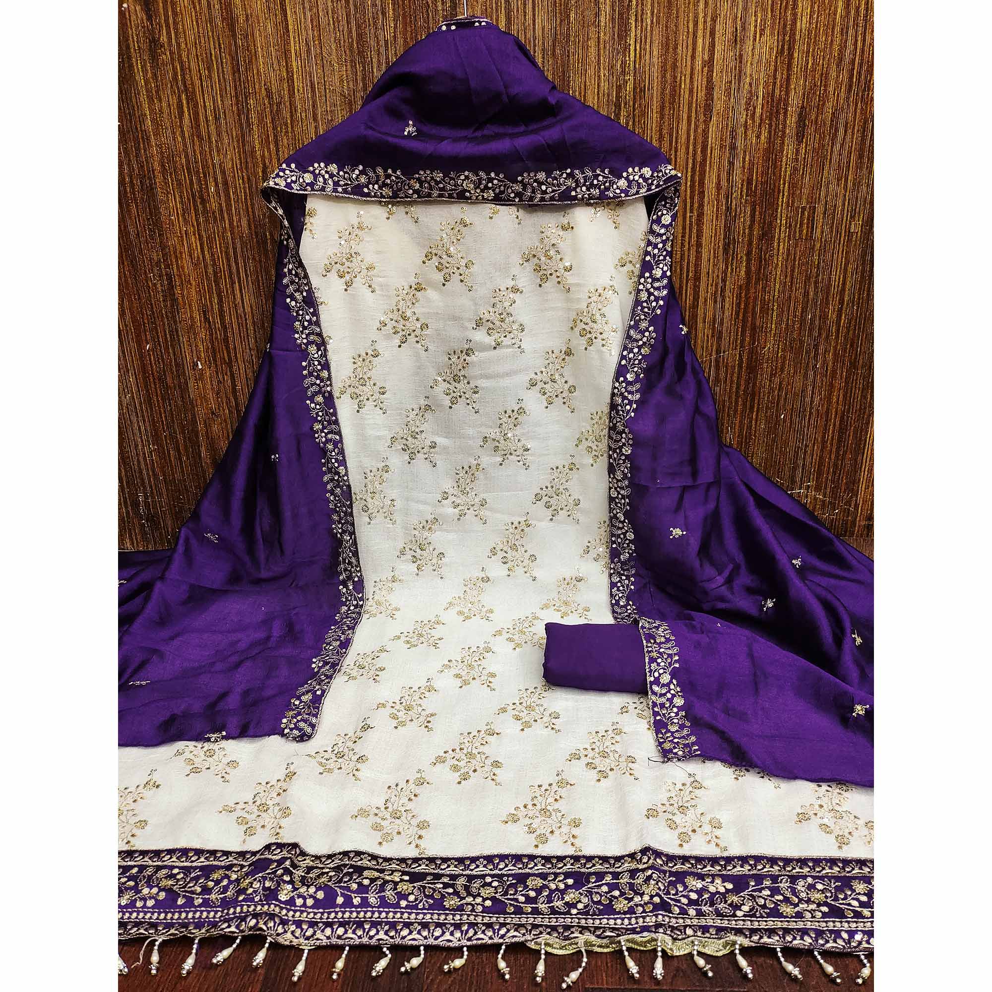 Violet and Off White Vichitra Silk Fabric with Embroidered Detailing - Image 4