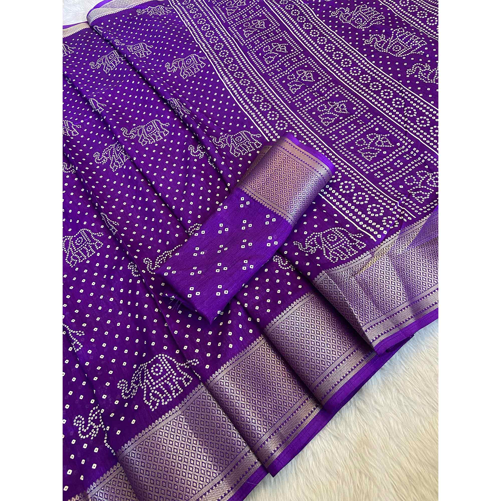 Violet Bandhani Printed Dola Silk Saree With Woven Border - Image 3
