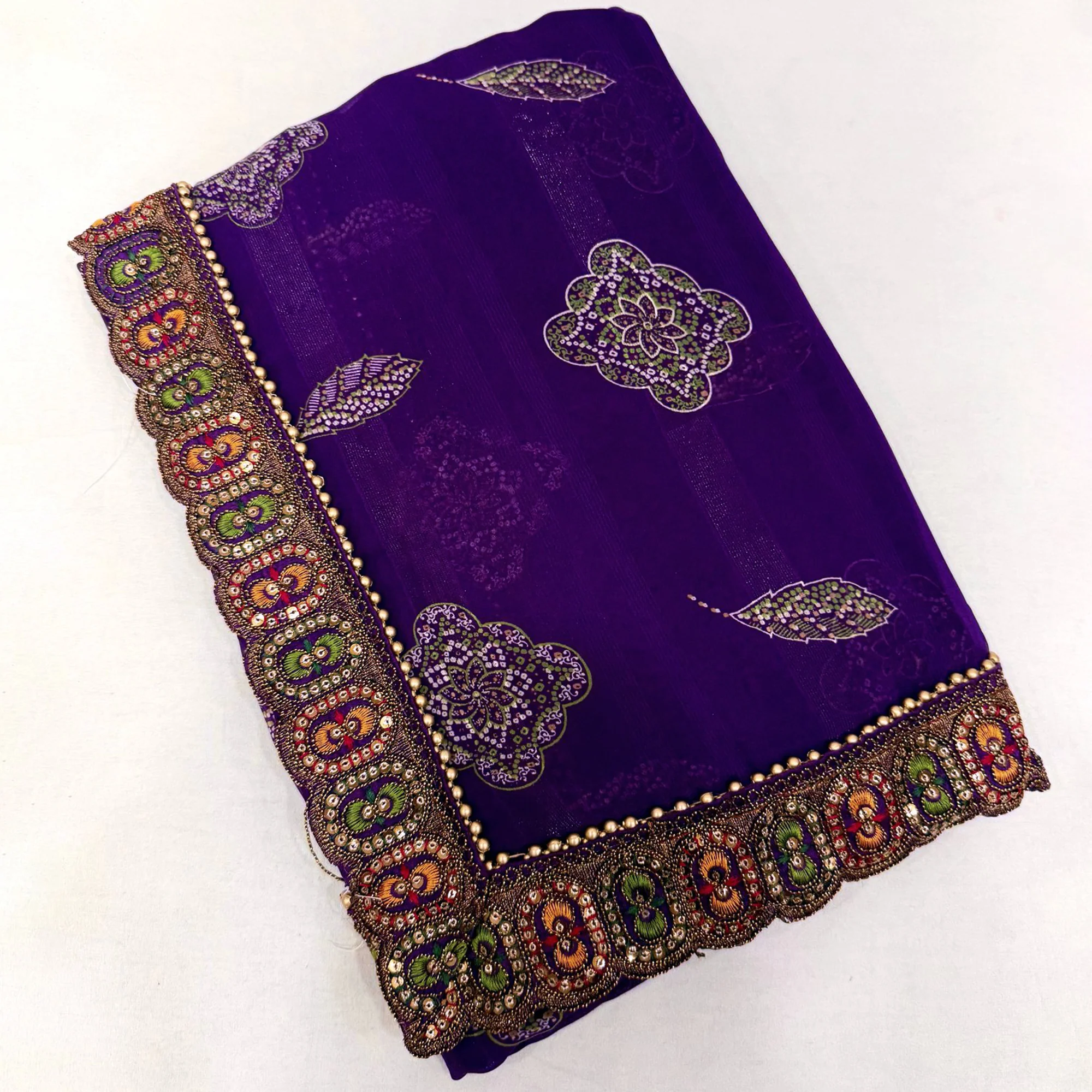 Violet Bandhani Printed Georgette Saree for Festive Wear with Lace Detailing - Image 3