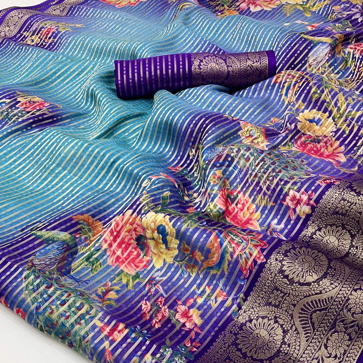 Violet & Blue Floral Woven With Printed Georgette Saree - Image 2