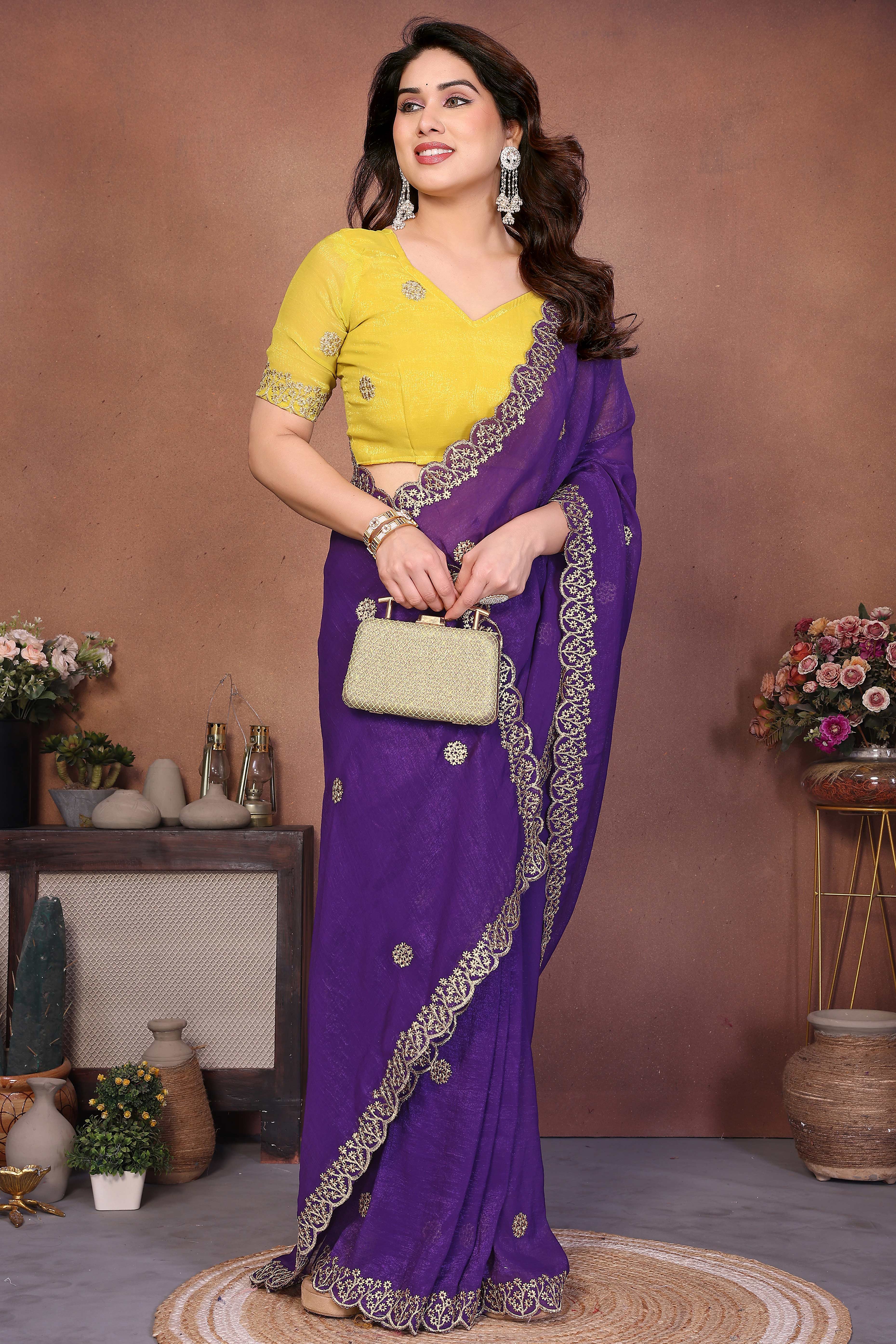 Violet Designer Crunchy Saree Enhanced with Delicate Thread Work Embroidery - Image 3