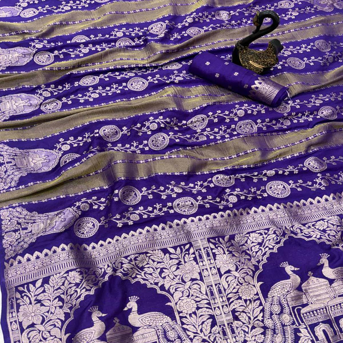 Violet Festive Wear Chinya Tissue Silk Saree Enhanced with Intricate Zari Weaving Detailing - Image 2