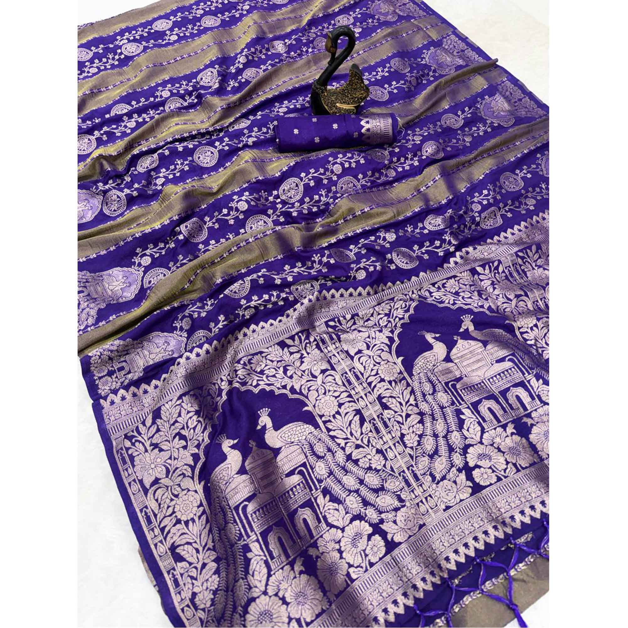 Violet Festive Wear Chinya Tissue Silk Saree Enhanced with Intricate Zari Weaving Detailing - Image 4