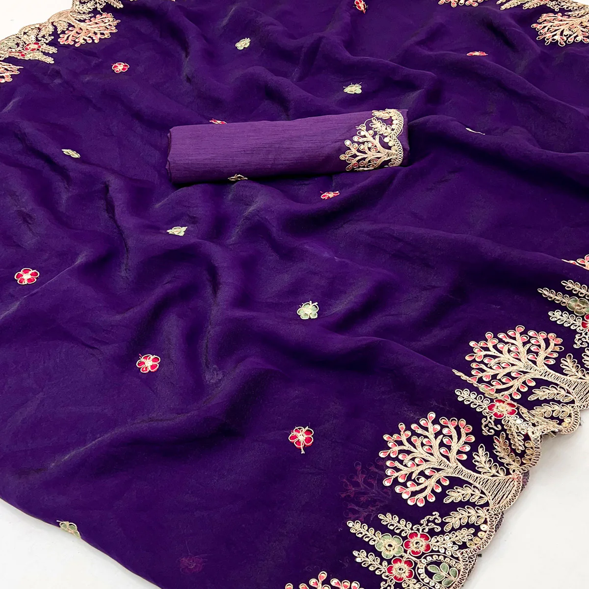 Violet Floral Embroidered Crepe Saree with Subtle Sequin Detailing - Image 2