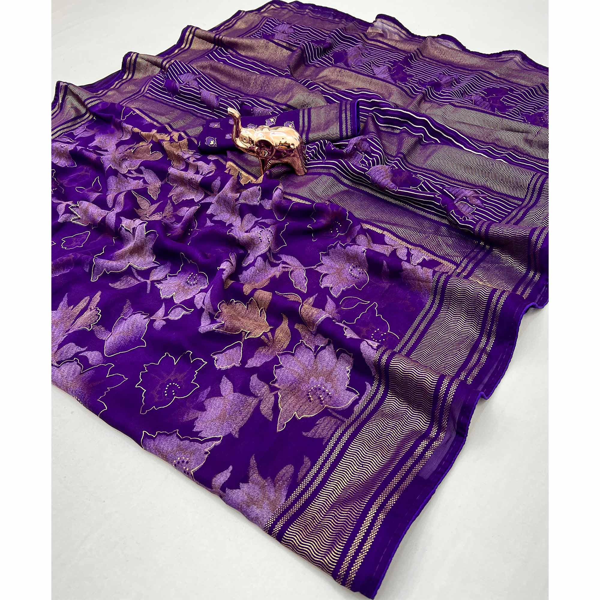 Violet Floral Foil Printed Georgette Saree With Tassels - Image 3