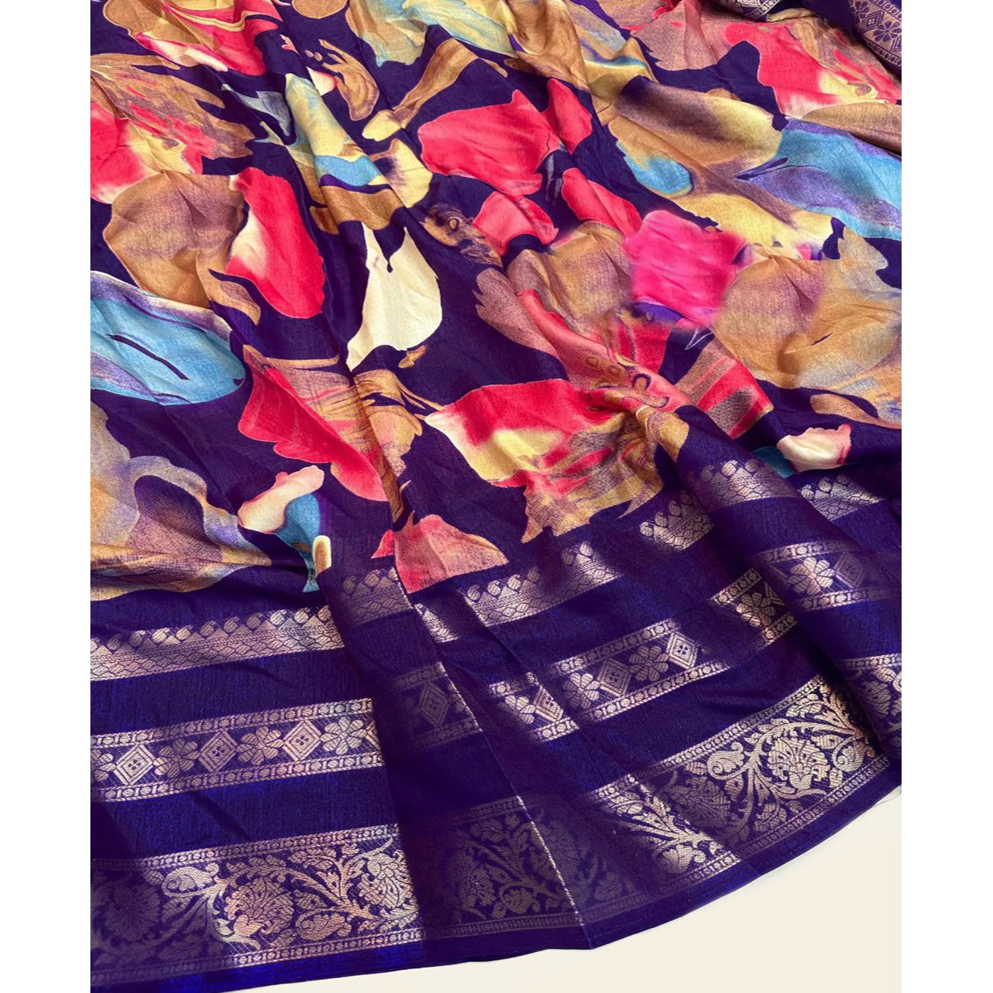 Violet Floral Printed Dola Silk Saree Jacquard Border - Image 3