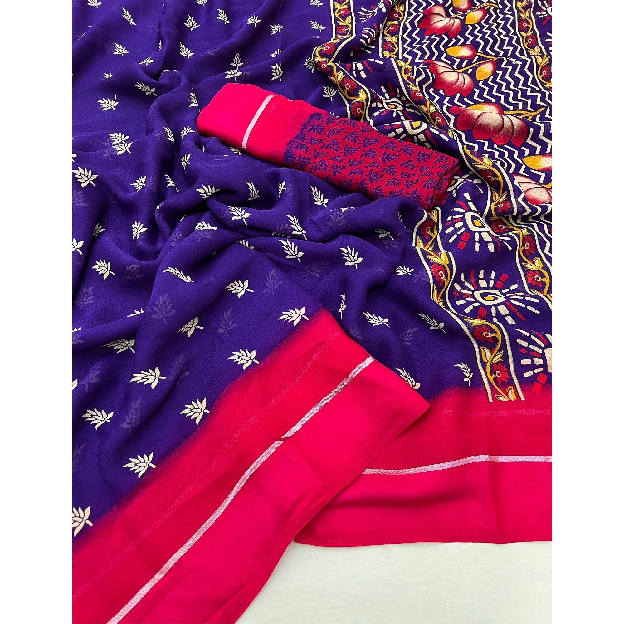 Violet Floral Printed Georgette Saree With Zari Border - Image 3