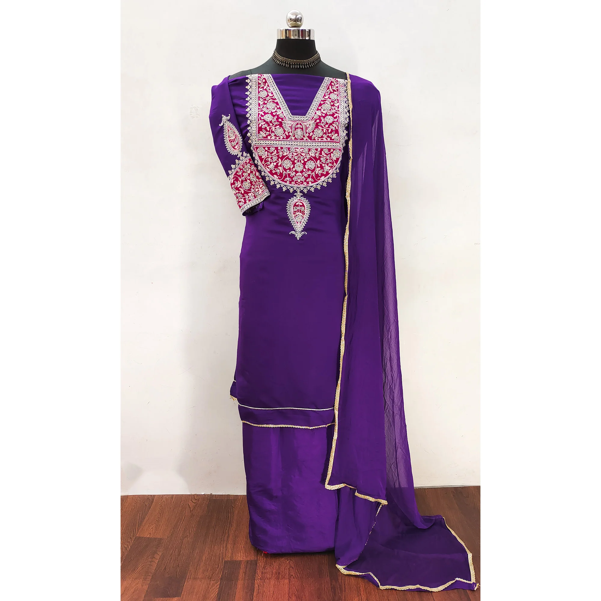 Violet Floral Sequins Embroidered Viscose Dress Material - Image 3