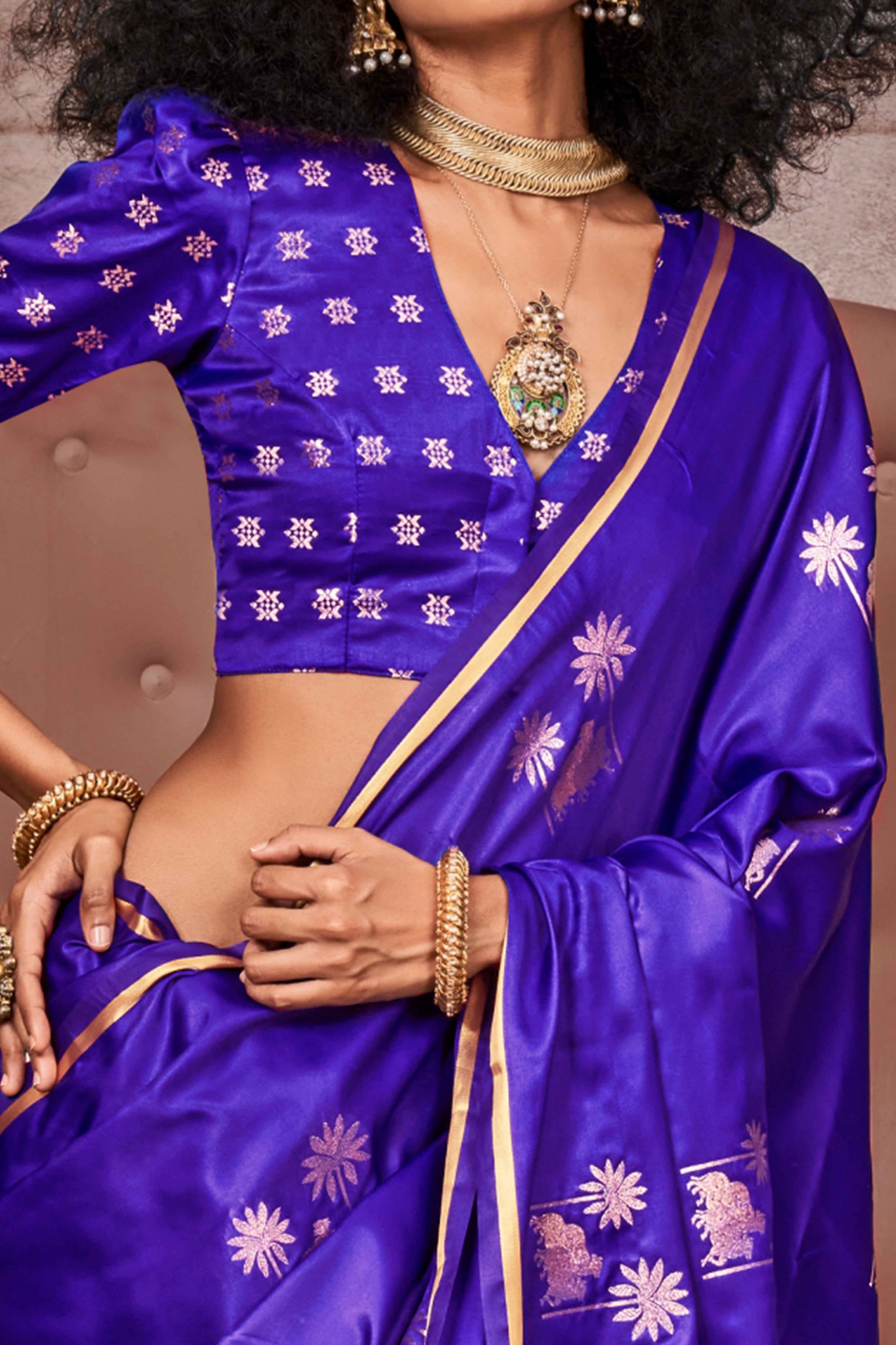 Violet Floral Zari Weaving Satin Saree - Image 2