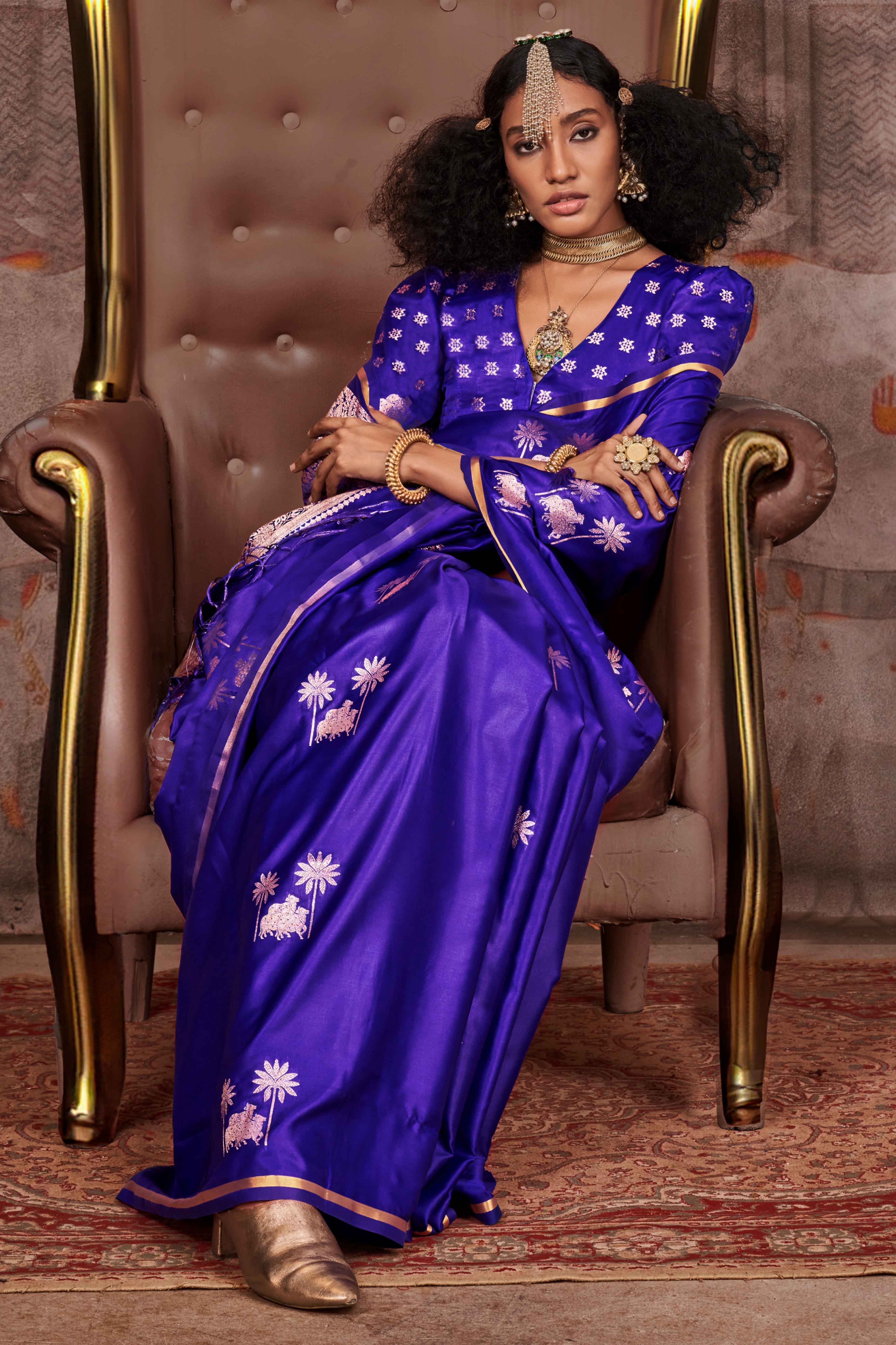 Violet Floral Zari Weaving Satin Saree - Image 3