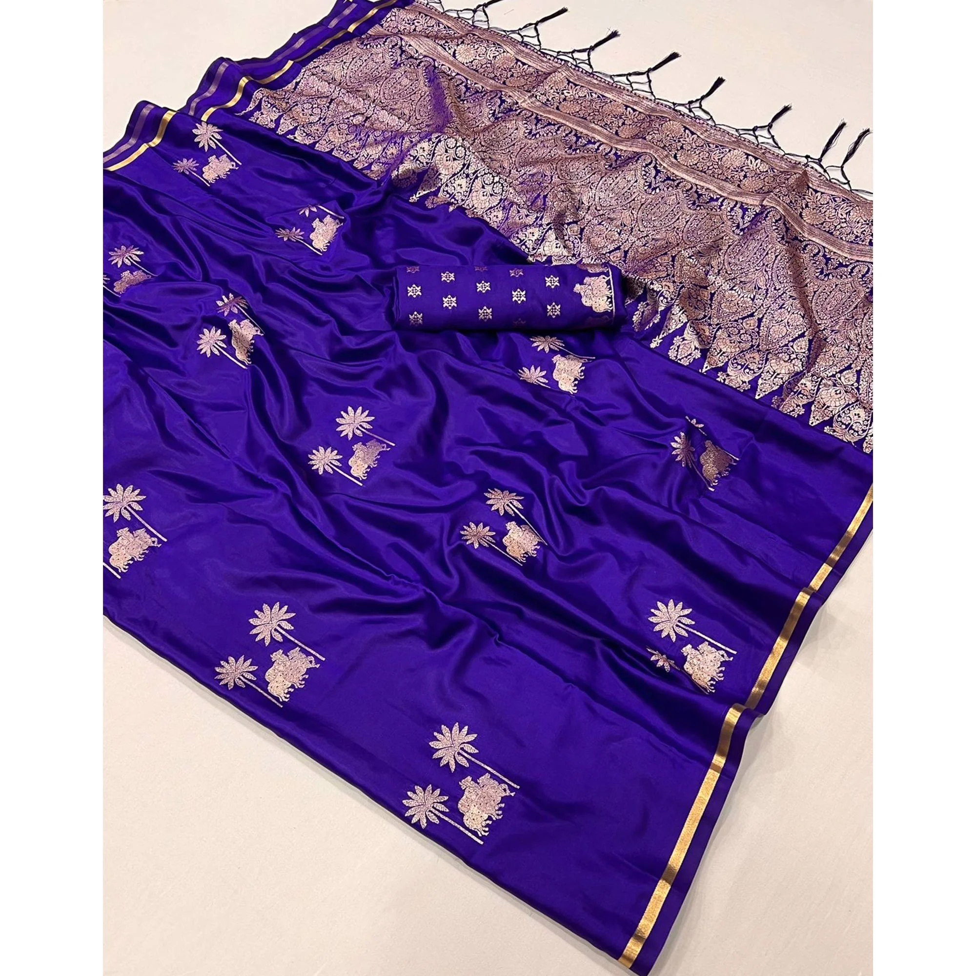 Violet Floral Zari Weaving Satin Saree - Image 4