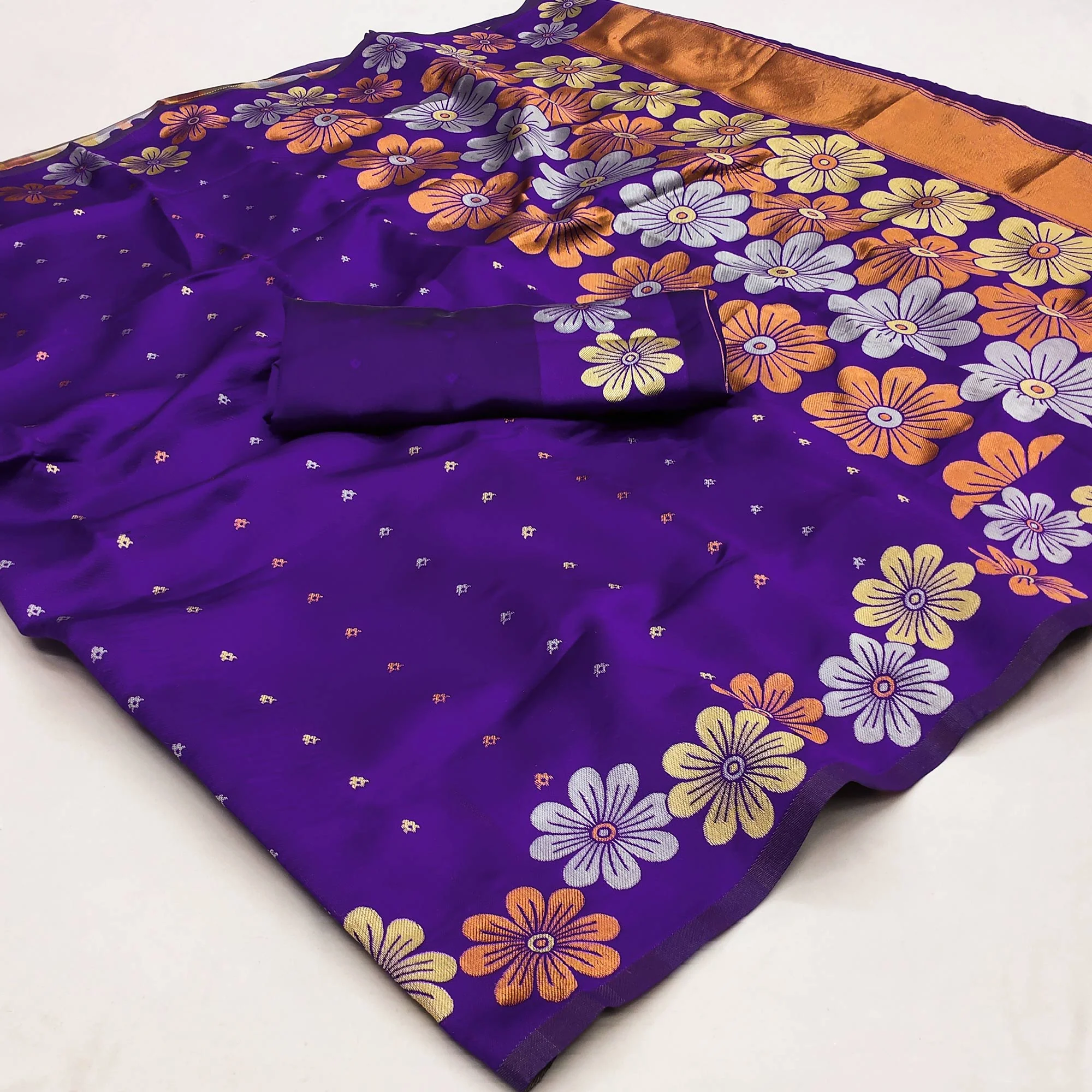 Violet Floral Zari Woven Cotton Silk Saree - Image 3