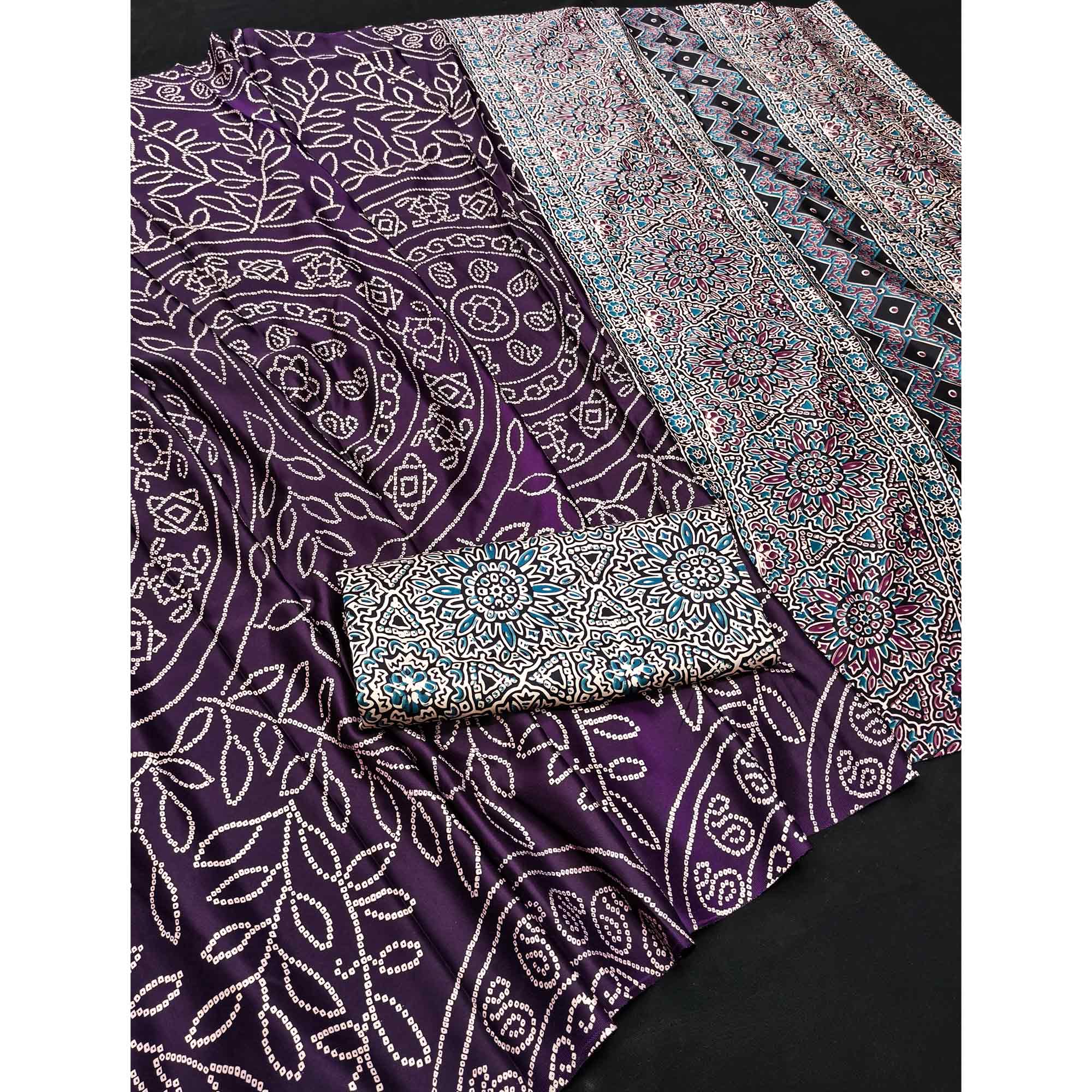 Violet Moss Satin Silk Saree Featuring Bandhani Print & Ajrakh Pallu Work - Image 3