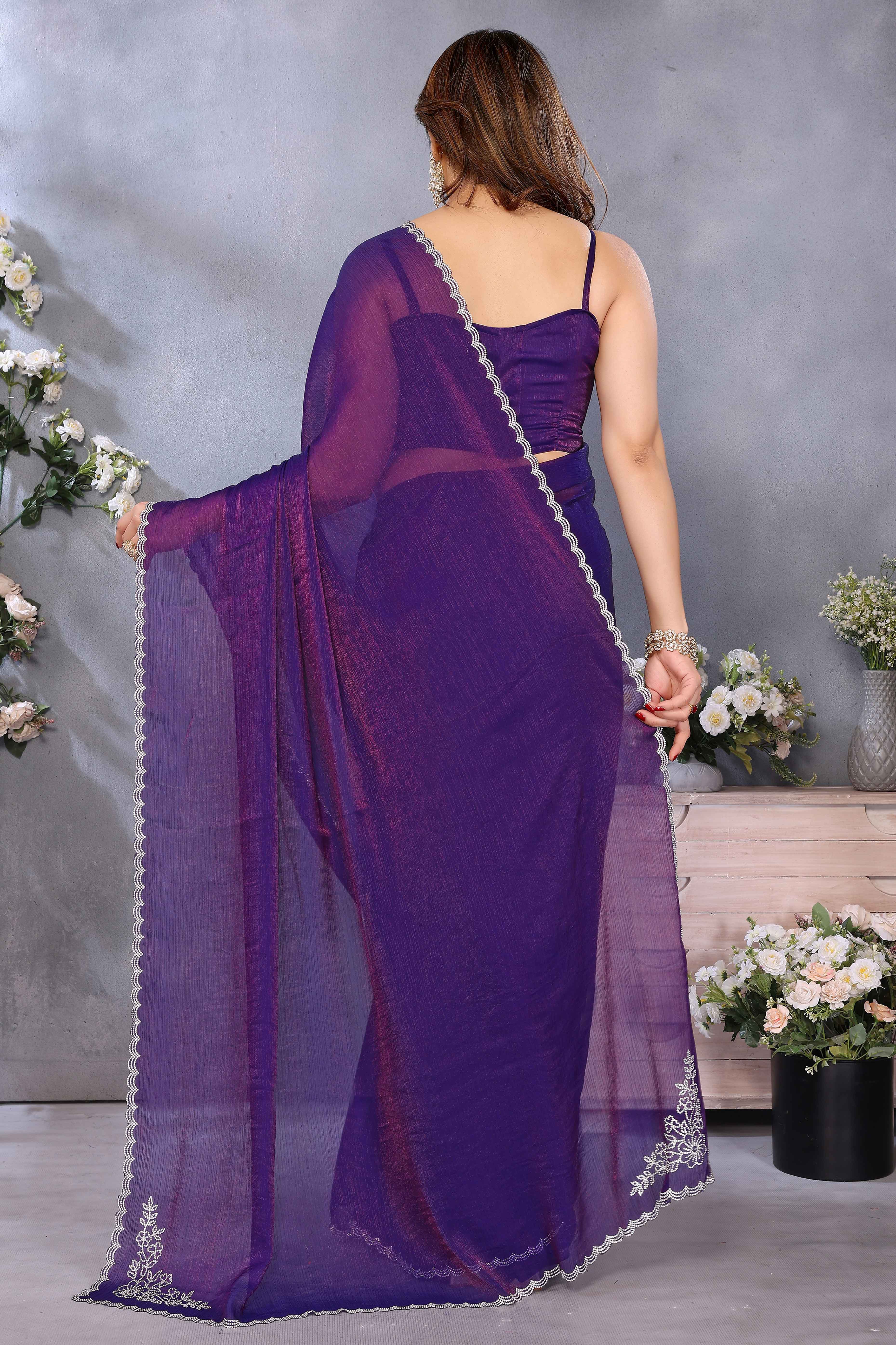 Violet Partywear Chiffon Saree Featuring Intricate Swarovski Stone Embellishment - Image 5