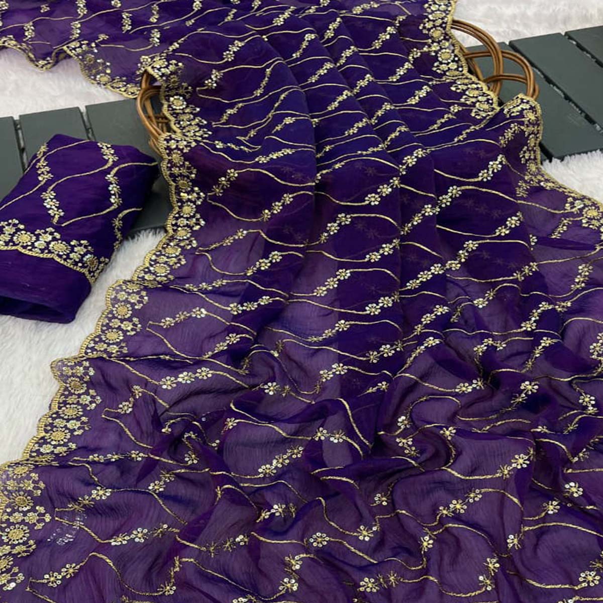 Violet Partywear Organza Chiffon Silk Saree Highlighted with Fine Sequins Detailing - Image 2