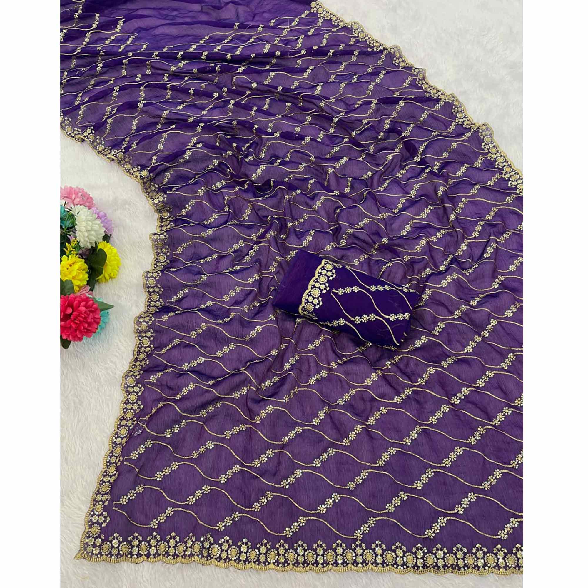 Violet Partywear Organza Chiffon Silk Saree Highlighted with Fine Sequins Detailing - Image 4