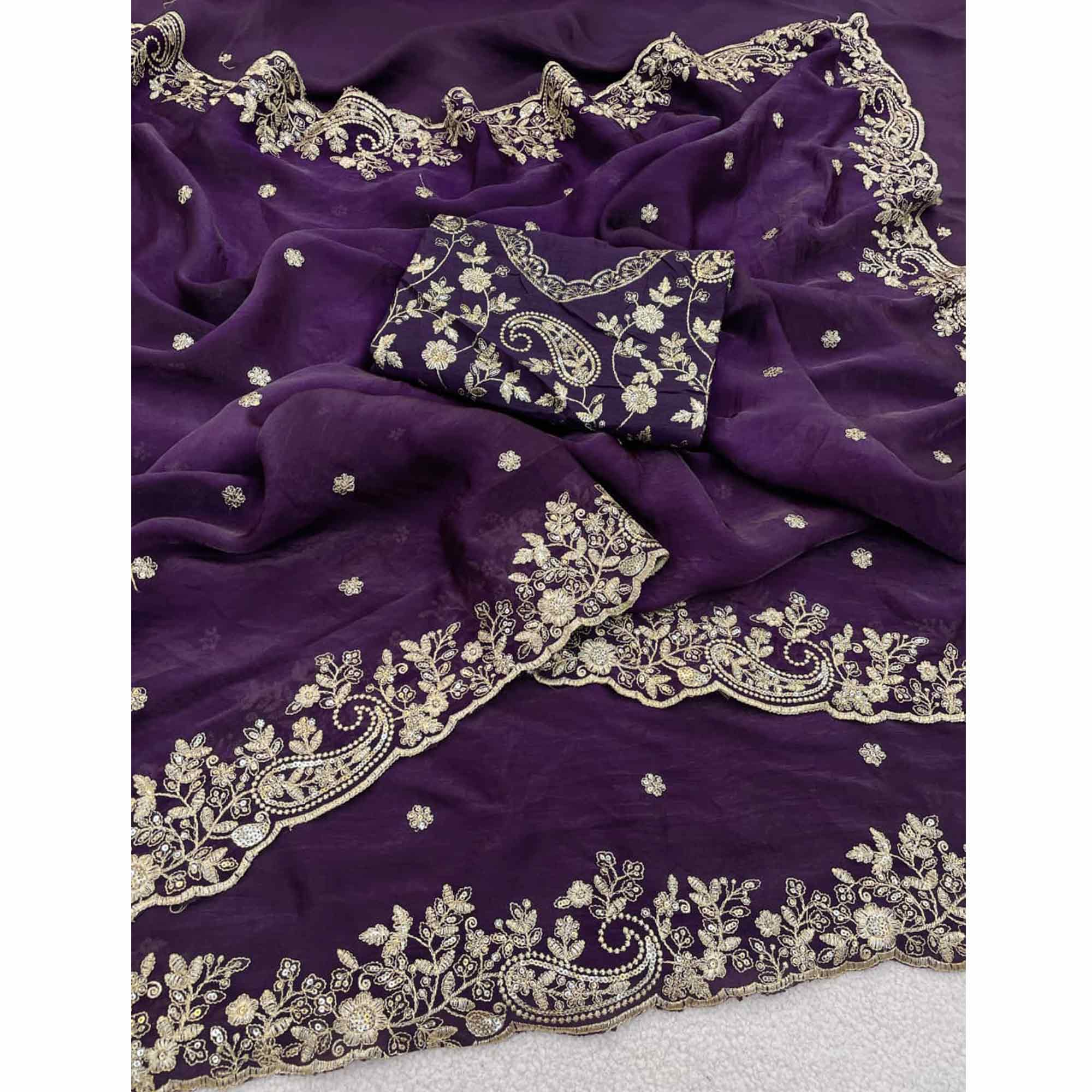 Violet Partywear Organza Satin Silk Crush Saree with Delicate Floral Embroidery - Image 5