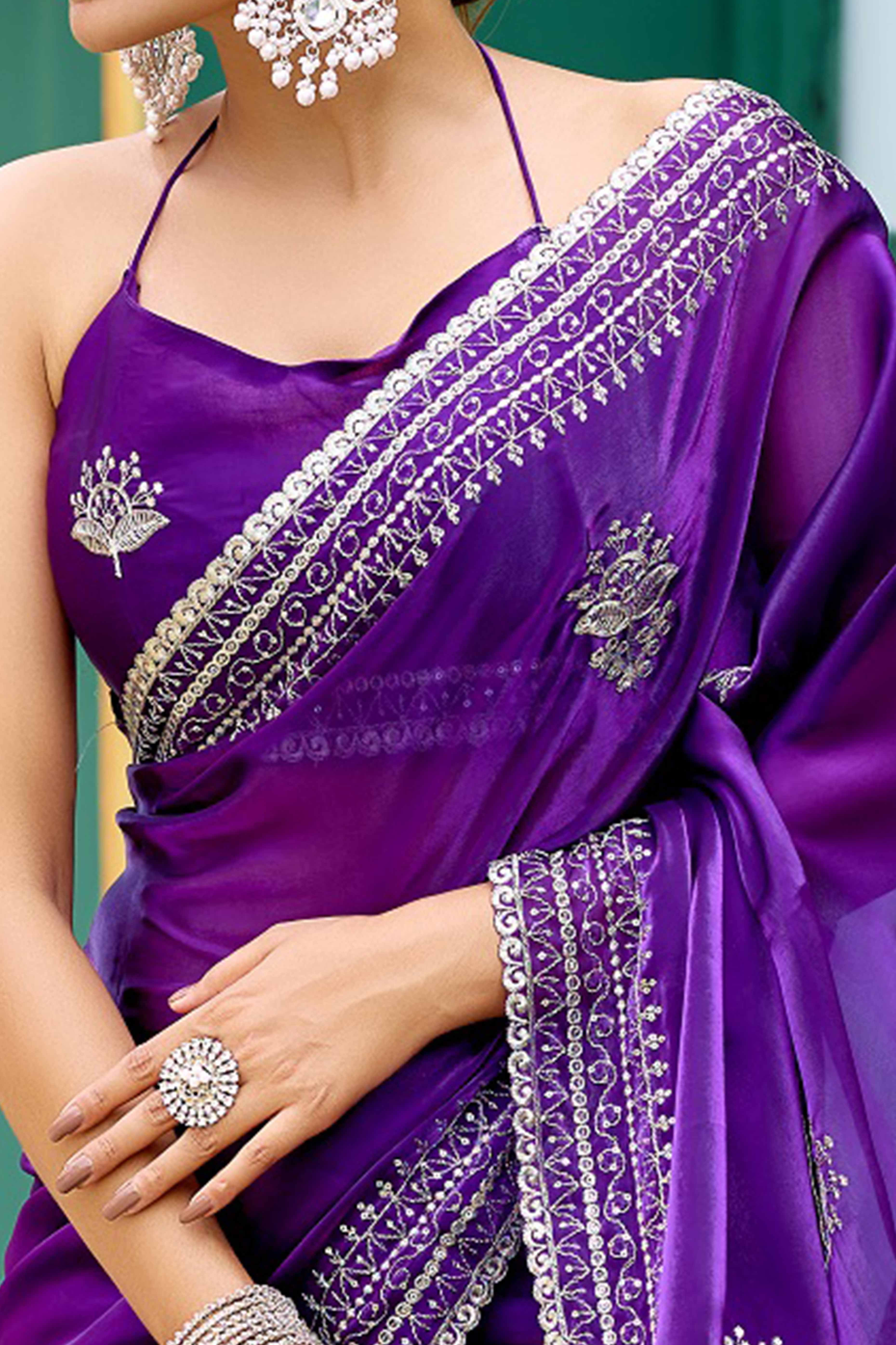 Violet Partywear Saree in Shimmer Chiffon with Sequins Embroidery - Image 2