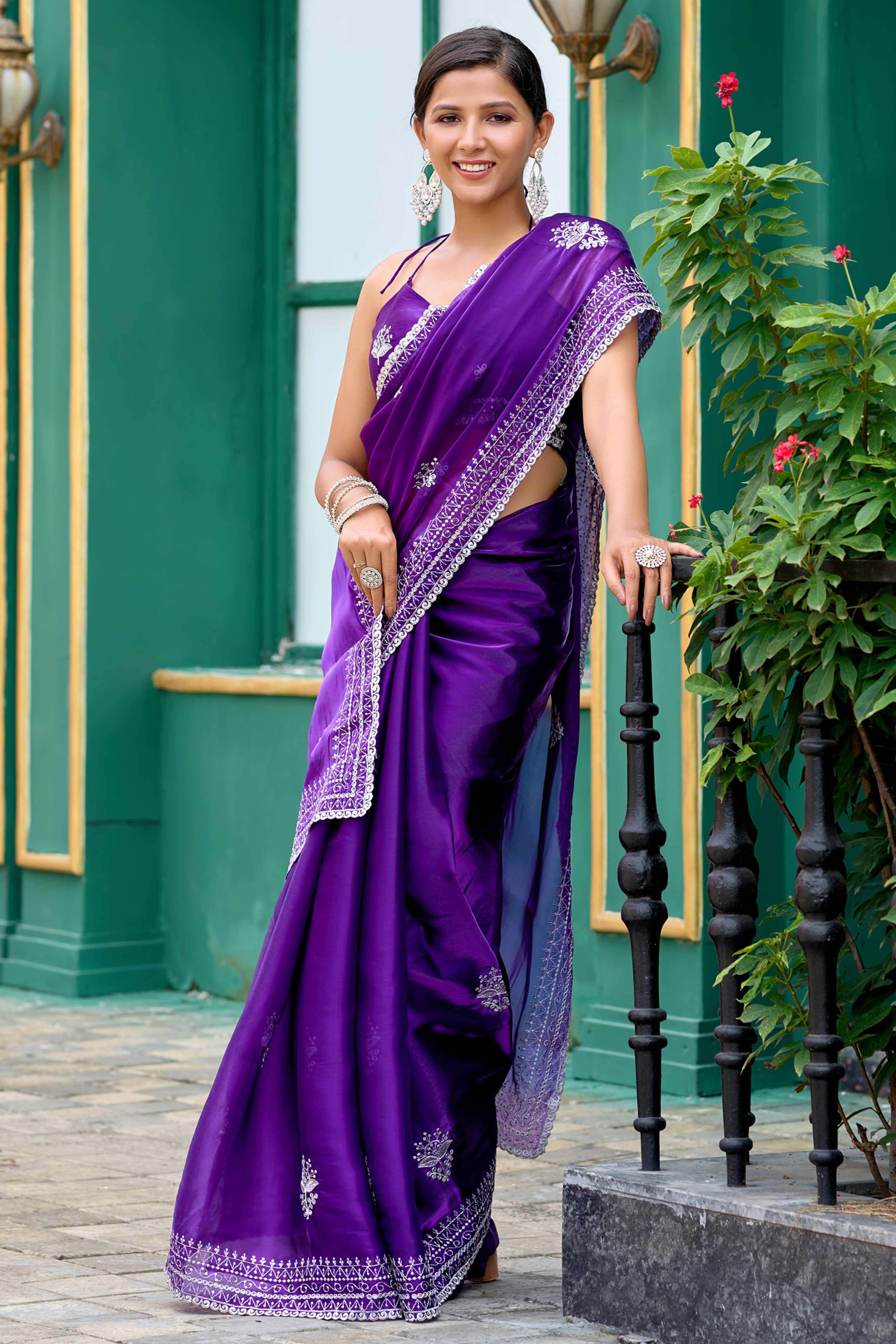 Violet Partywear Saree in Shimmer Chiffon with Sequins Embroidery - Image 3