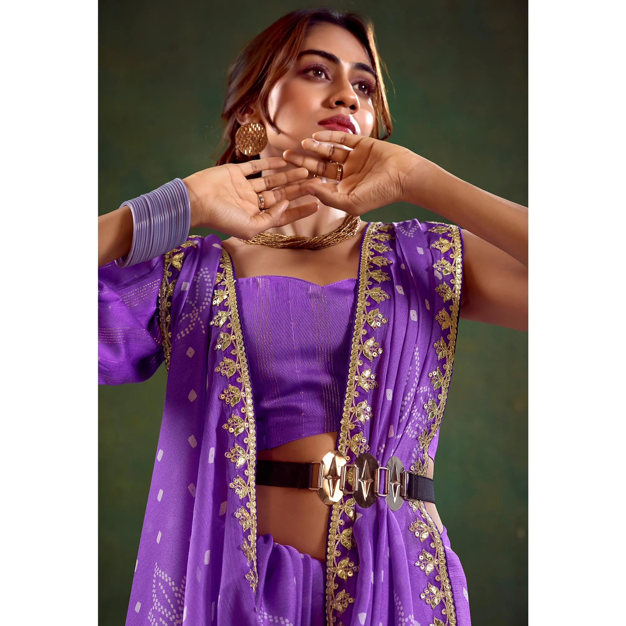 Violet Printed Chiffon Saree With Sequins Border - Image 6