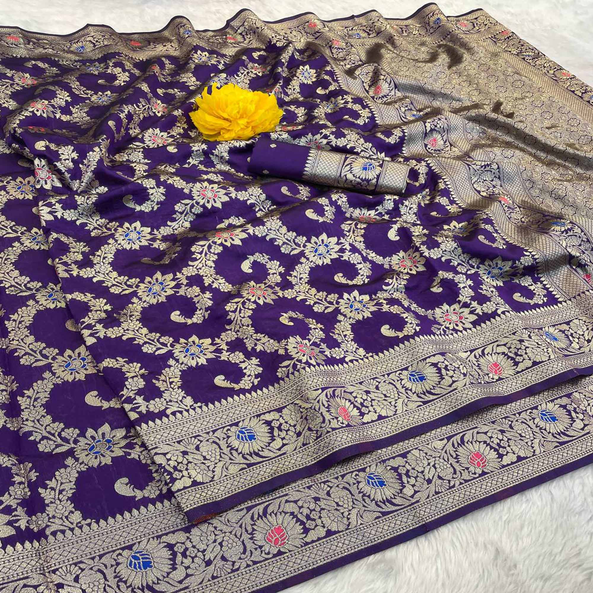 Violet Pure Silk Drape Featuring Traditional Heavy Zari Weaving for a Royal Look
