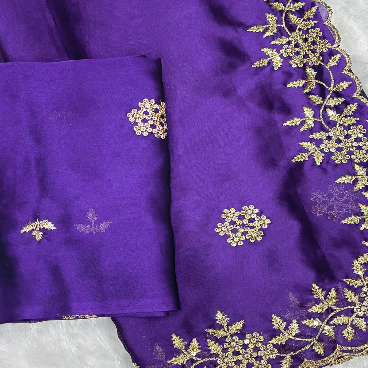 Violet Satin Saree with Intricate Floral Embroidery - Image 2