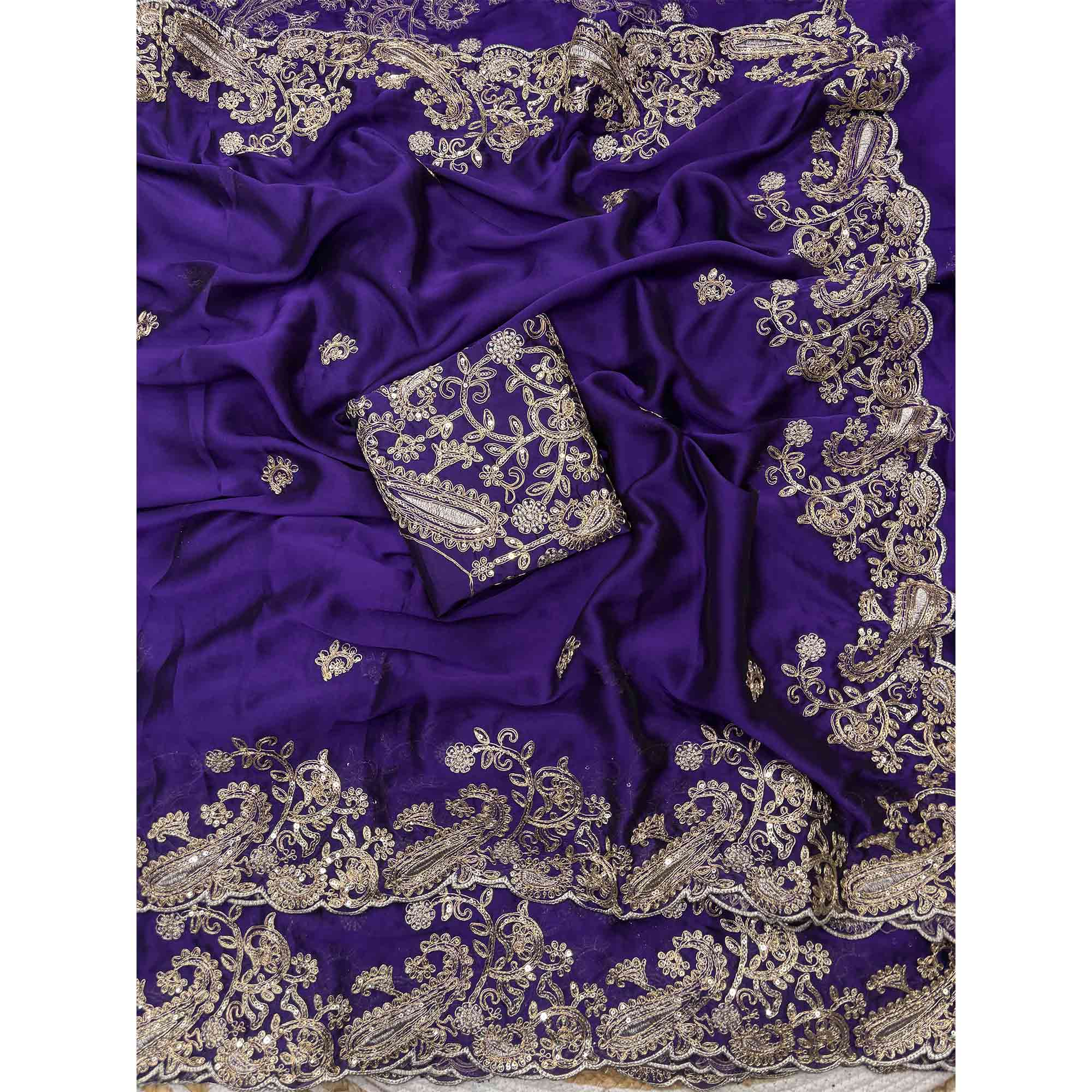 Violet Silk-Blend Saree Featuring Delicate Embroidery and Shimmering Sequins Work - Image 5