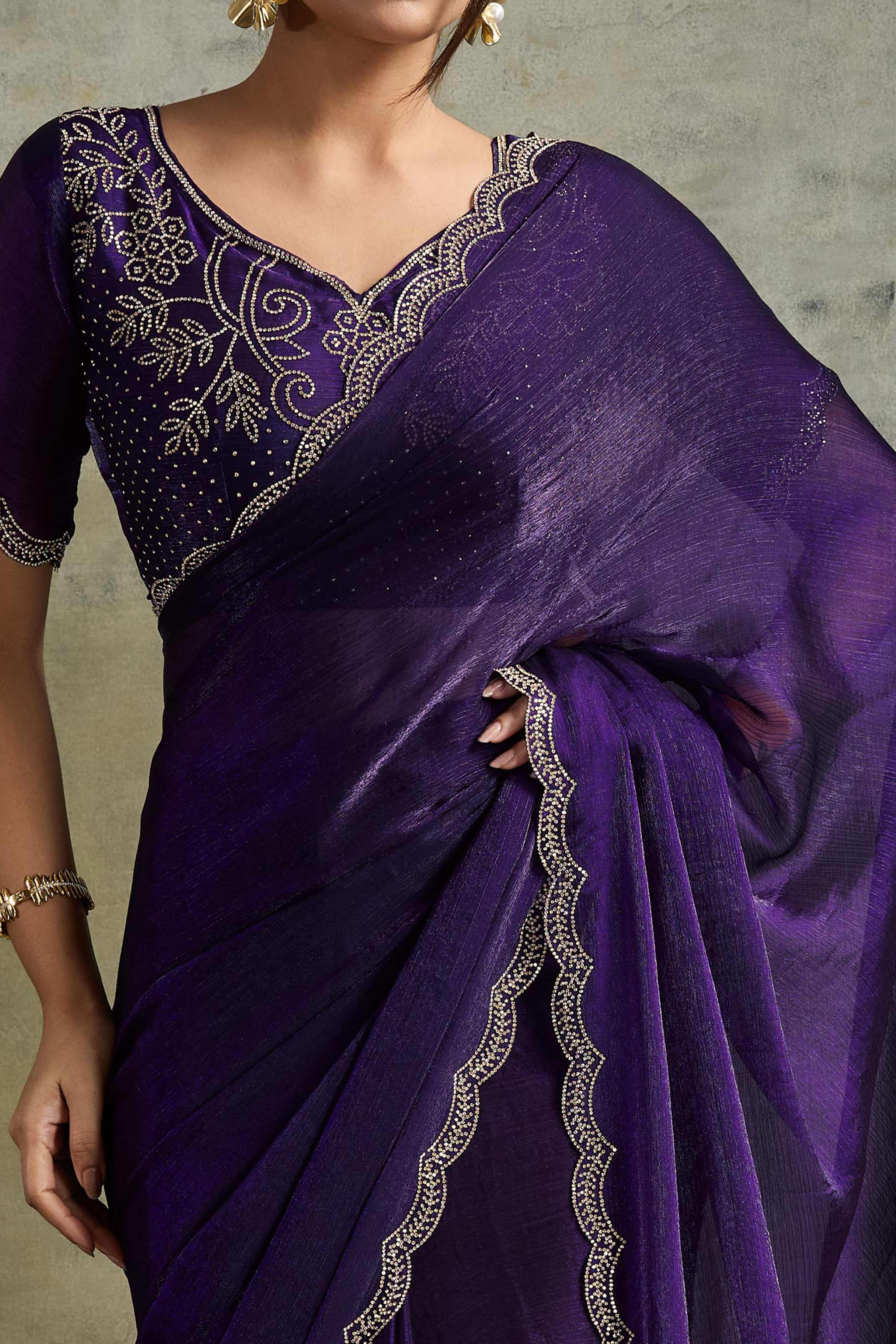Violet Solid Chiffon Saree With Sparkling Zarkan Border & Latkan Pallu - Image 2