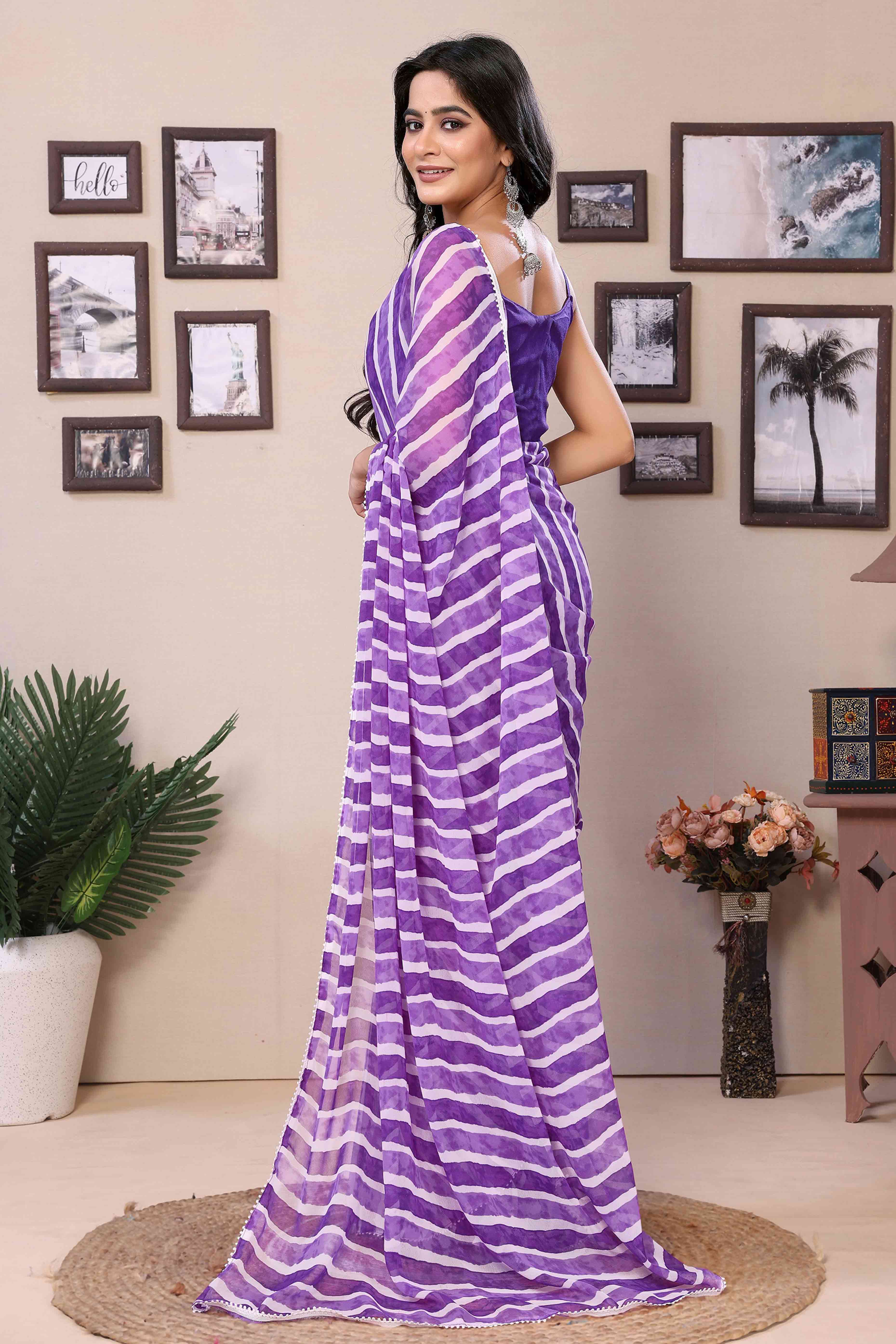 Violet Striped Printed Georgette Ready To Wear Saree - Image 3