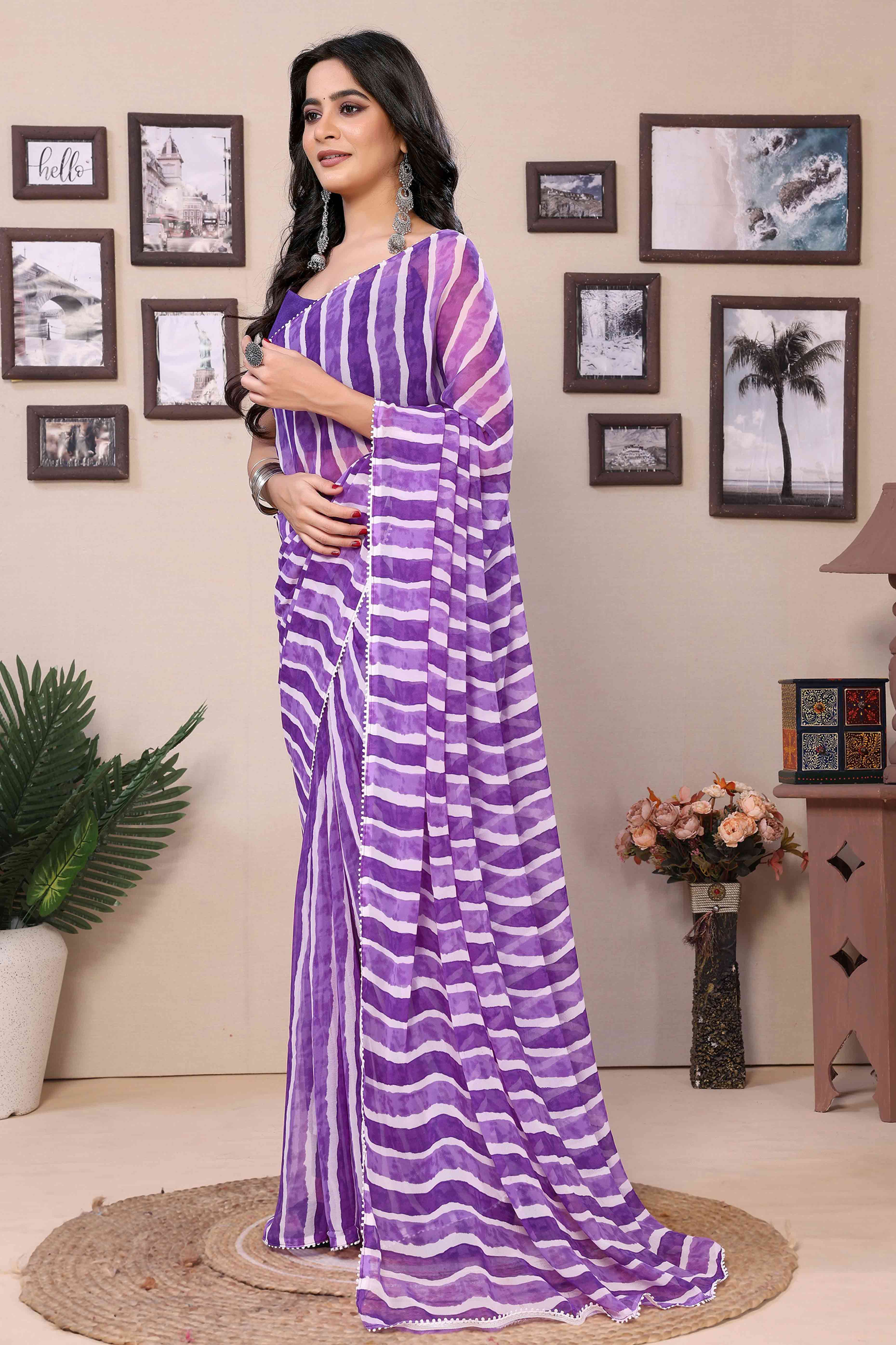 Violet Striped Printed Georgette Ready To Wear Saree - Image 4