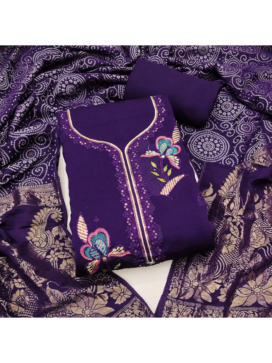 Violet Viscose Unstitched Suit Material with Elegant Floral Embroidery Work - Image 2