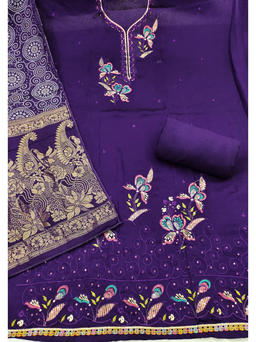 Violet Viscose Unstitched Suit Material with Elegant Floral Embroidery Work - Image 3