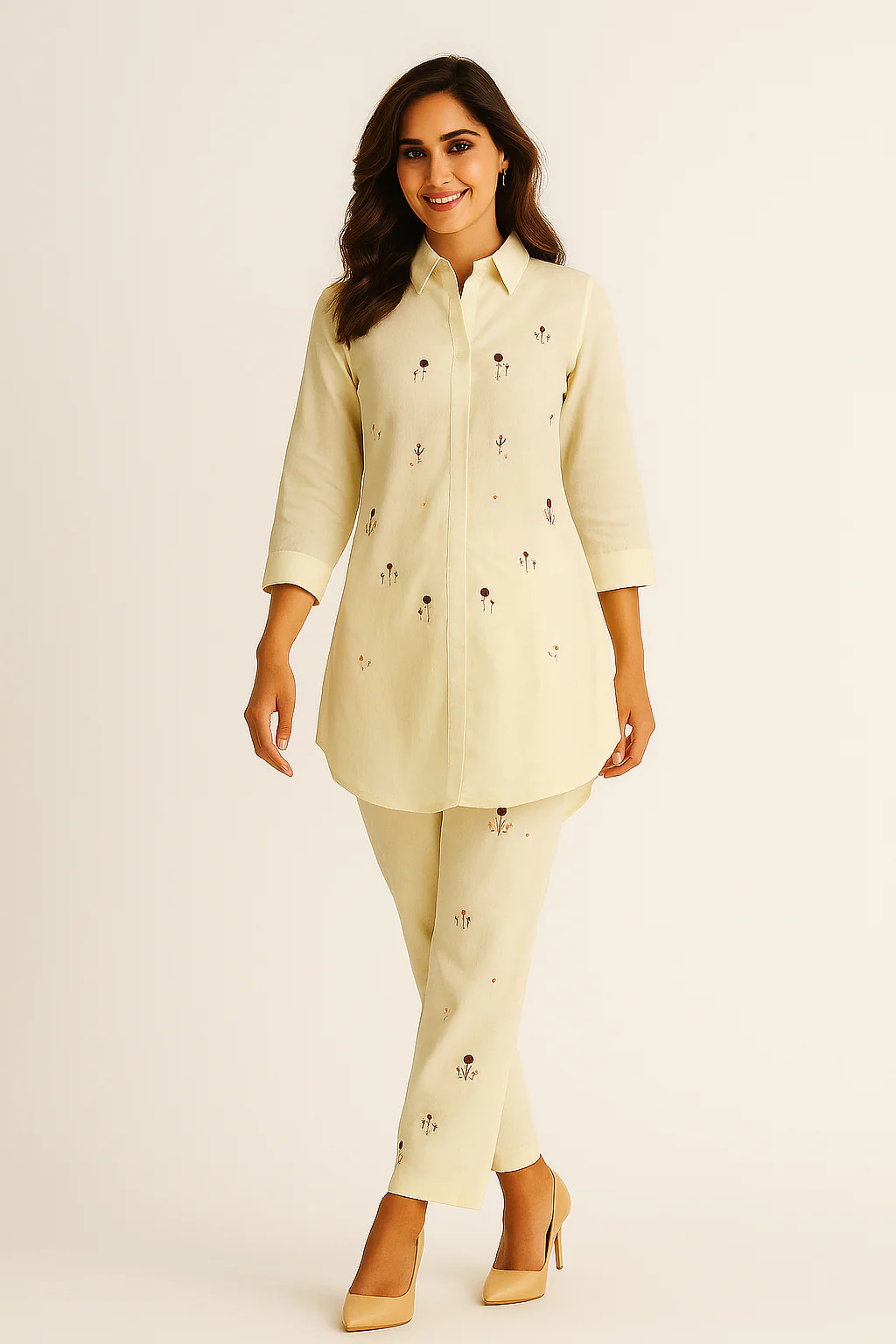 Viscose Cambric Cotton Two-Piece Set in Off White with Fine Embroidery - Image 4