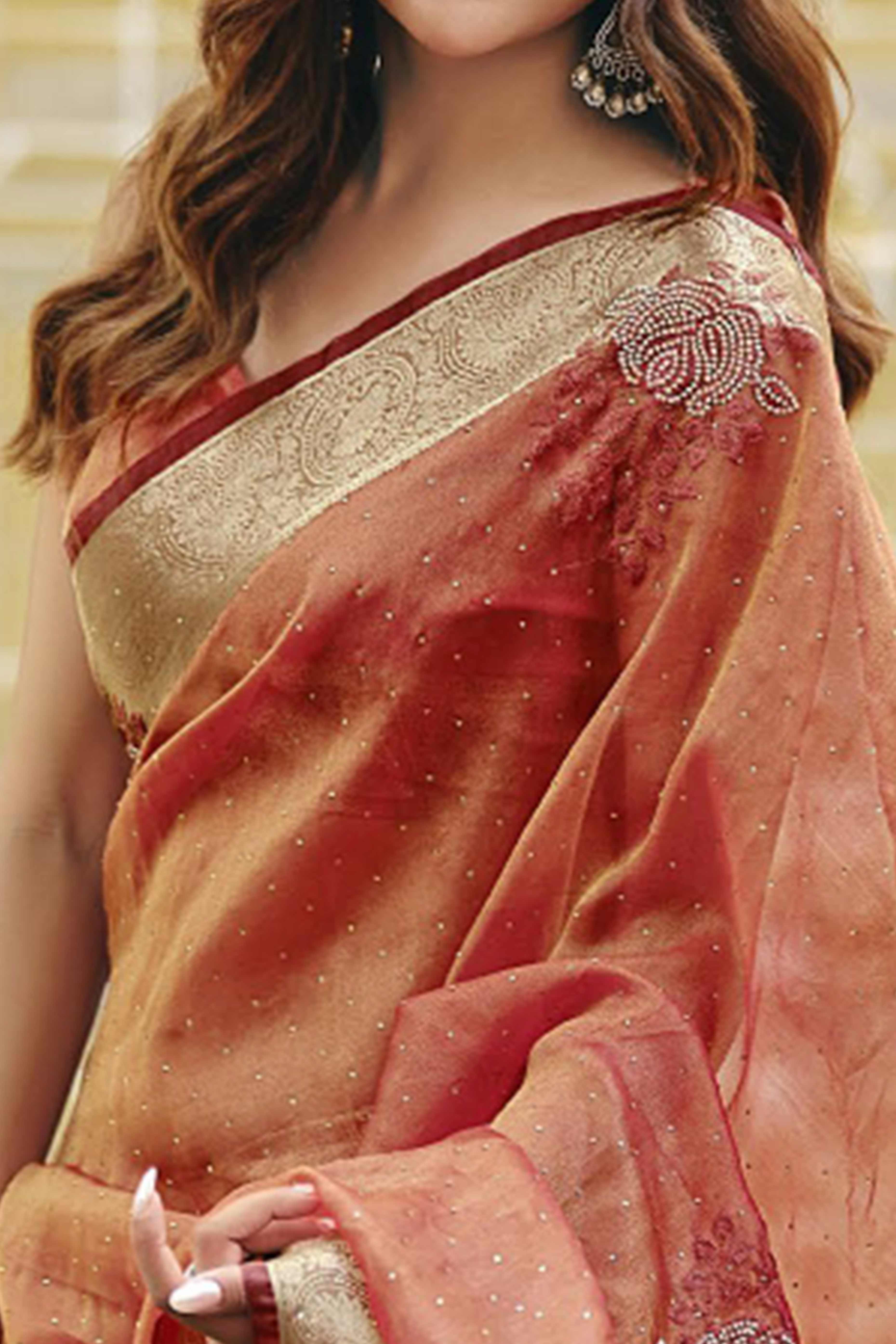 Warm Orange Nylon Saree Highlighted with Sparkling Stone Embroidery for Party & Festive Styling - Image 2