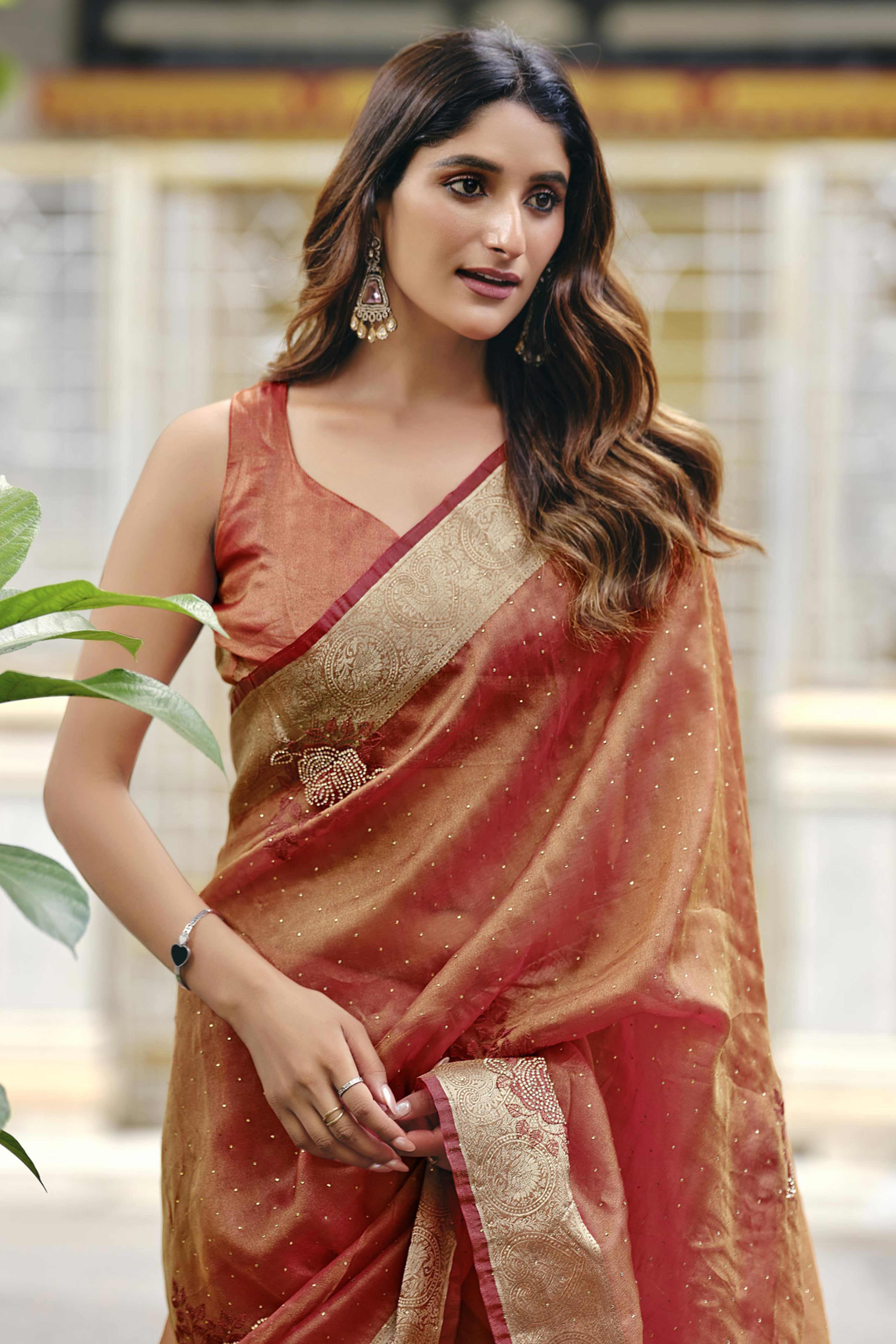 Warm Orange Nylon Saree Highlighted with Sparkling Stone Embroidery for Party & Festive Styling - Image 3