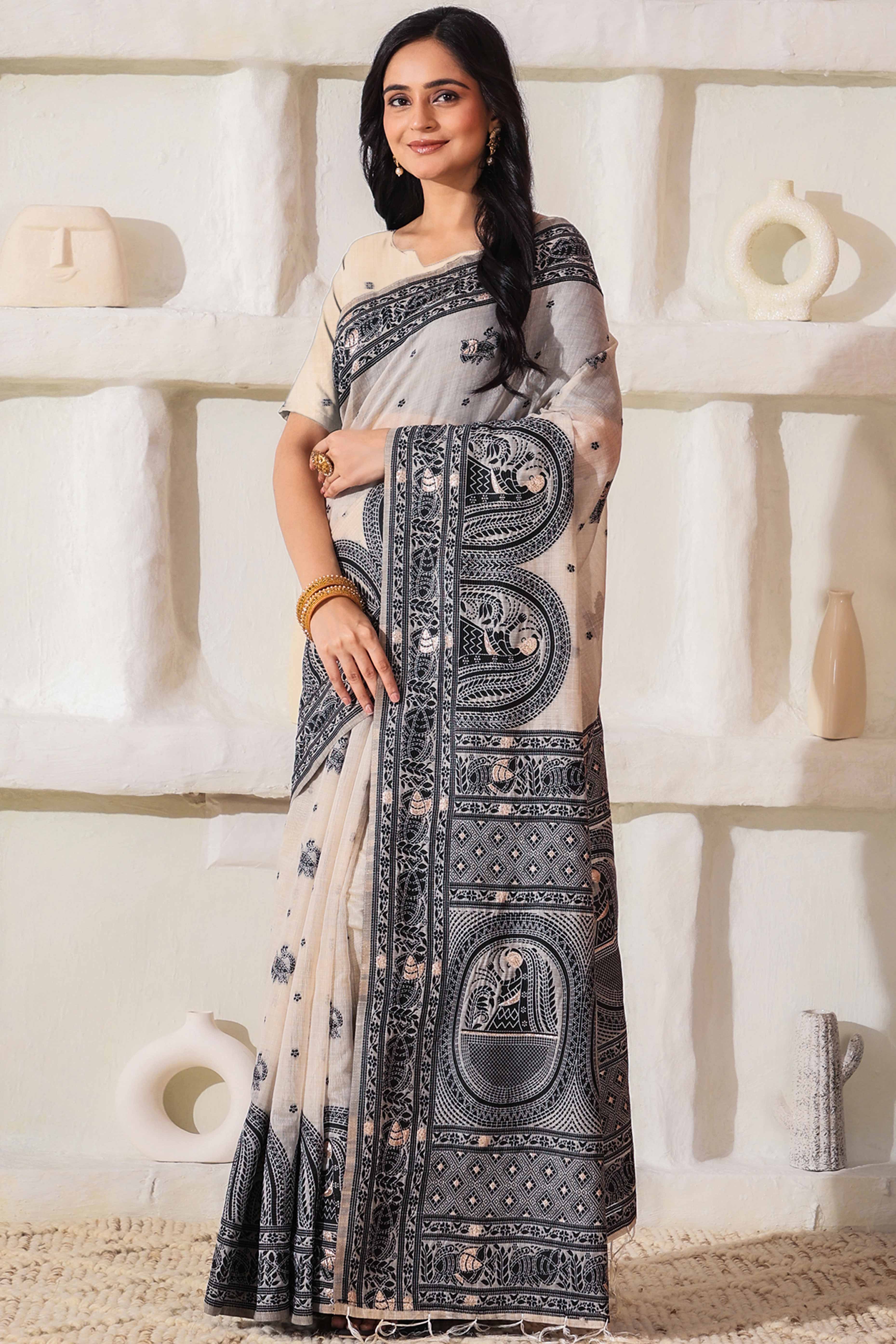 Weaving Cream & Black Linen Cotton Saree Adorned With Graceful Tassel Detailing - Image 3