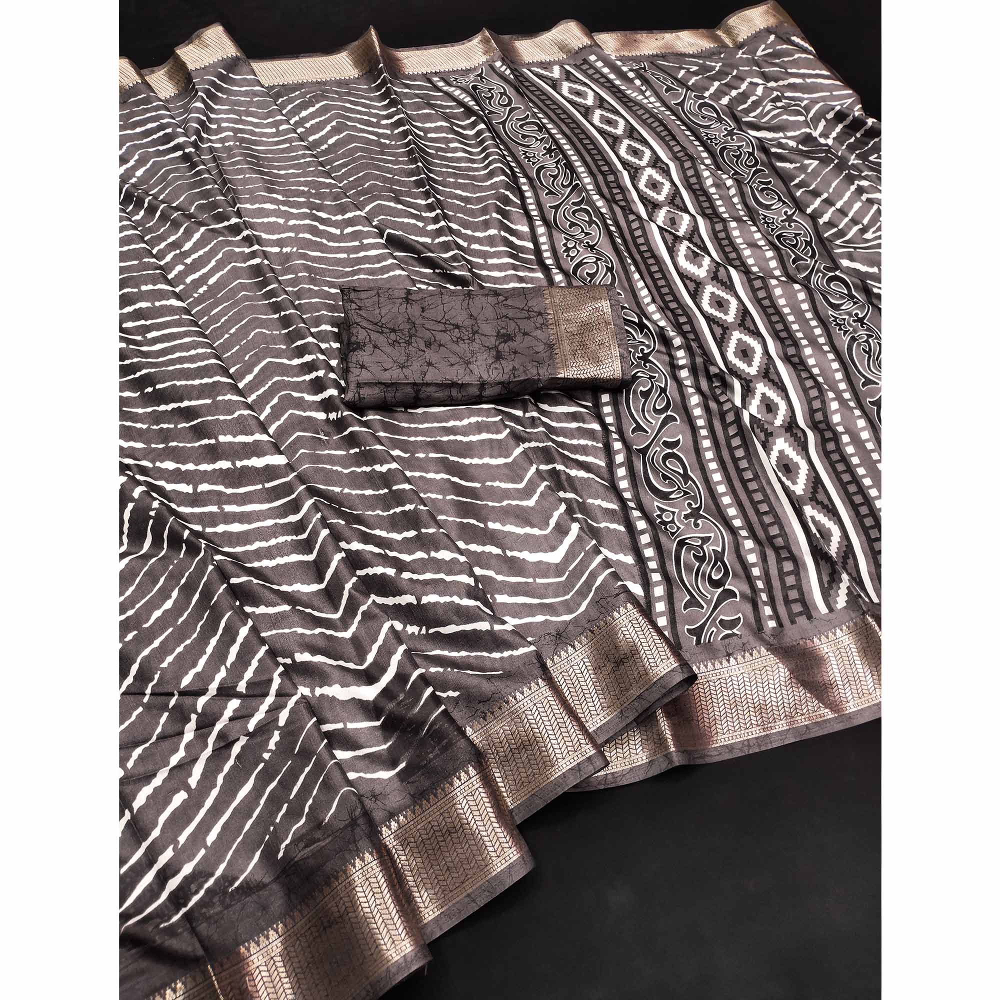 Wenge Brown Leheriya Printed Dola Silk Saree With Zari Border - Image 3