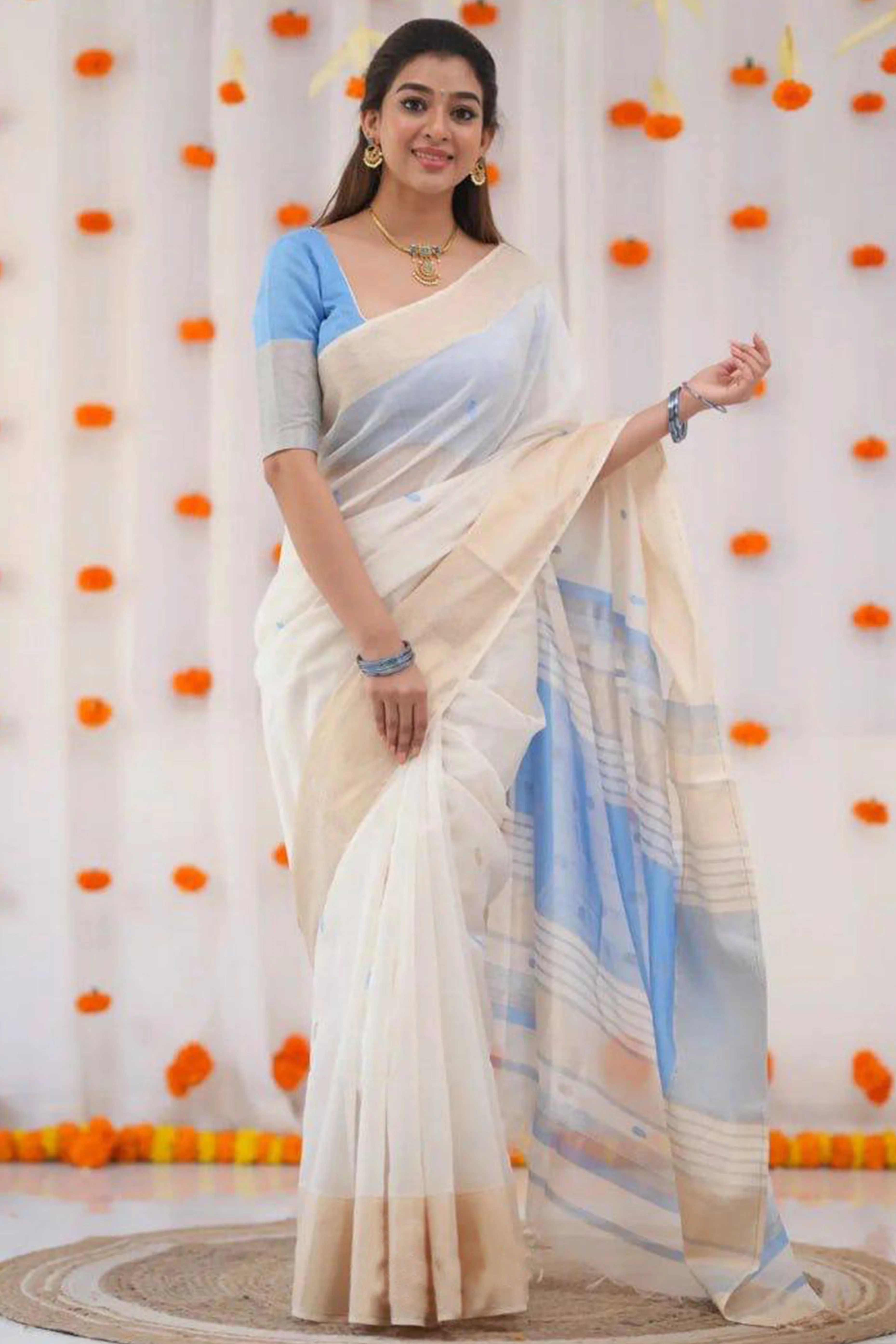 White and Blue Zari-Woven Linen Cotton Saree Offering a Refined Festive Look - Image 4