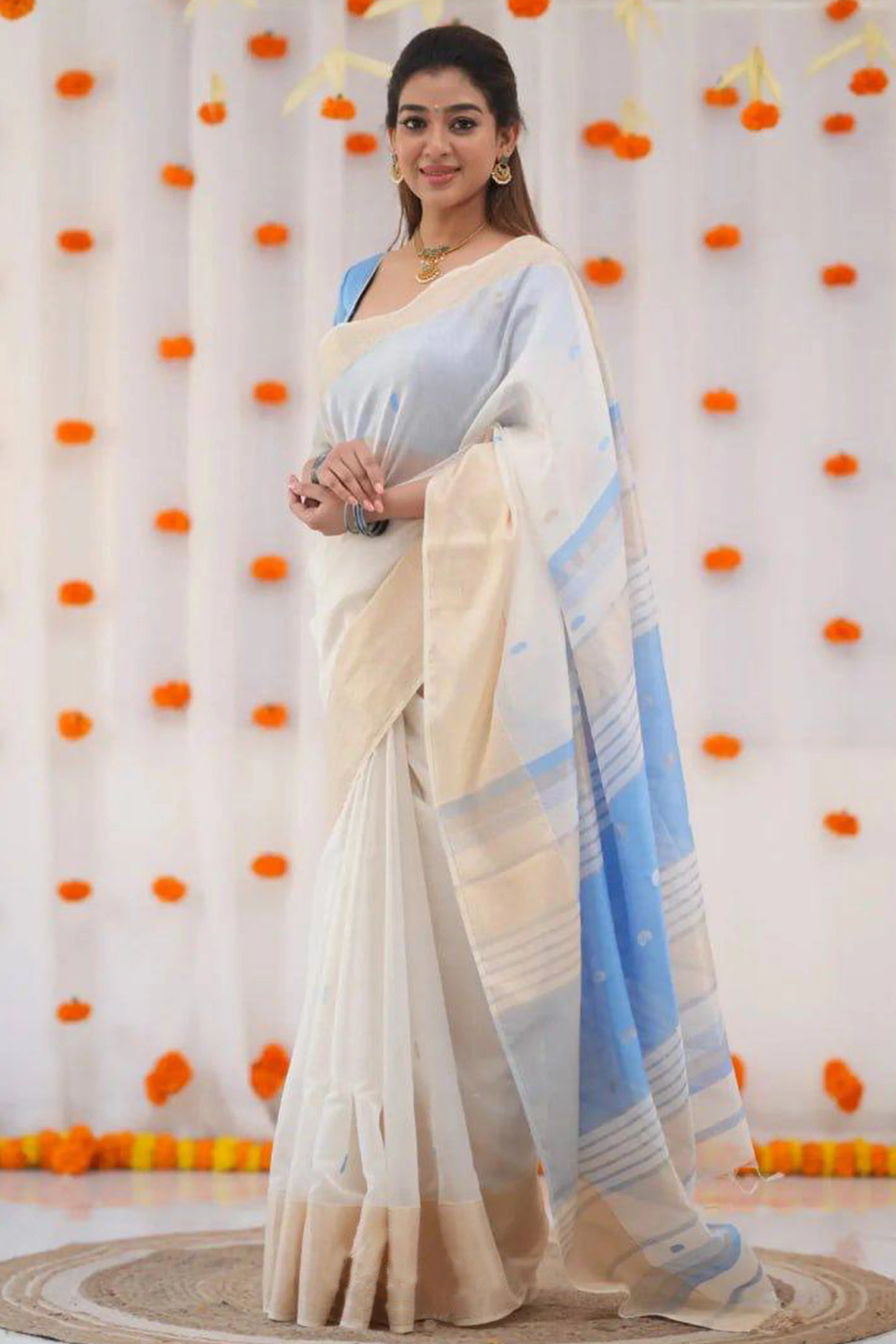 White and Blue Zari-Woven Linen Cotton Saree Offering a Refined Festive Look - Image 5