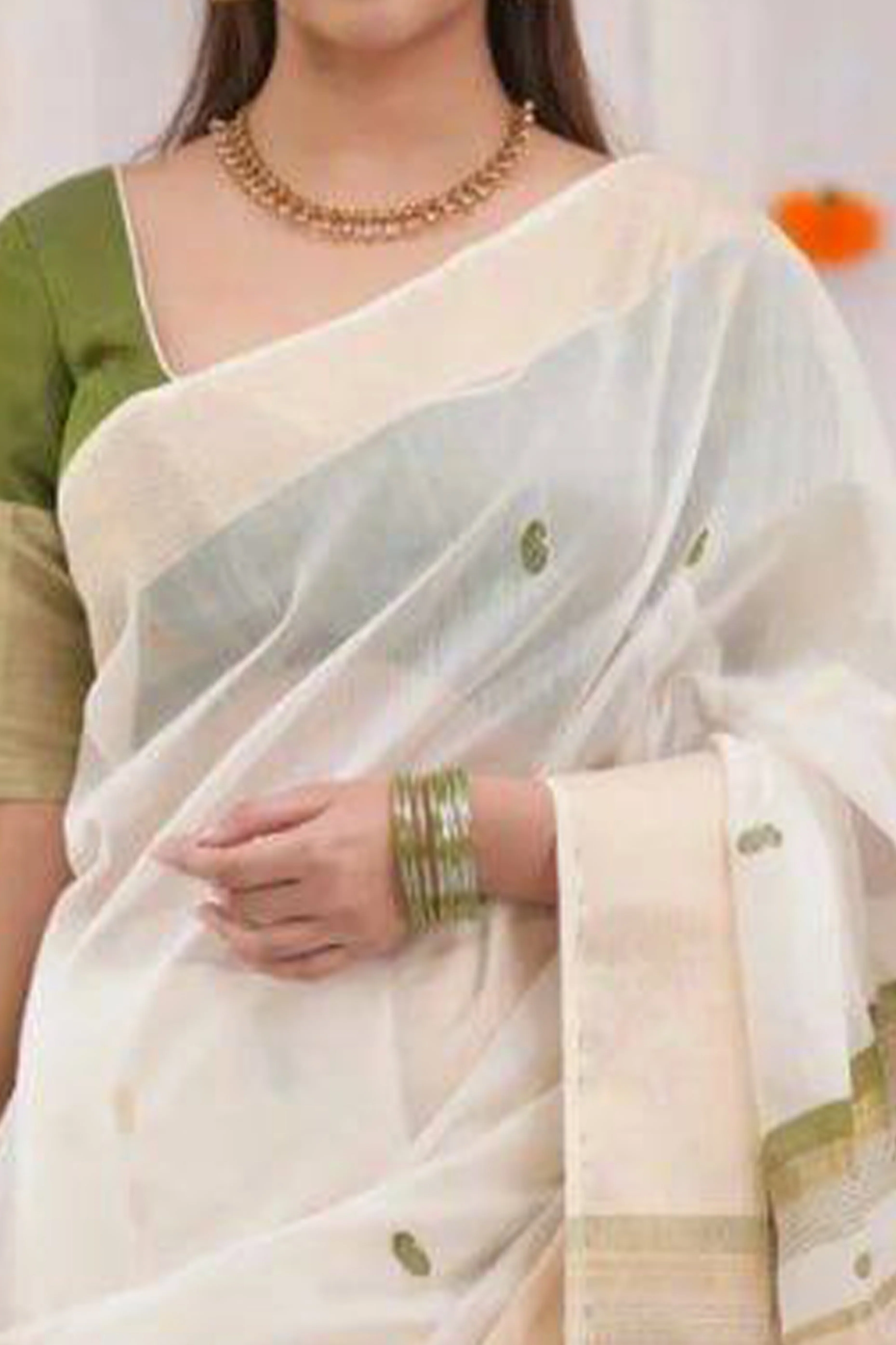 White and Green Zari-Woven Linen Cotton Saree Offering a Refined Festive Look - Image 2