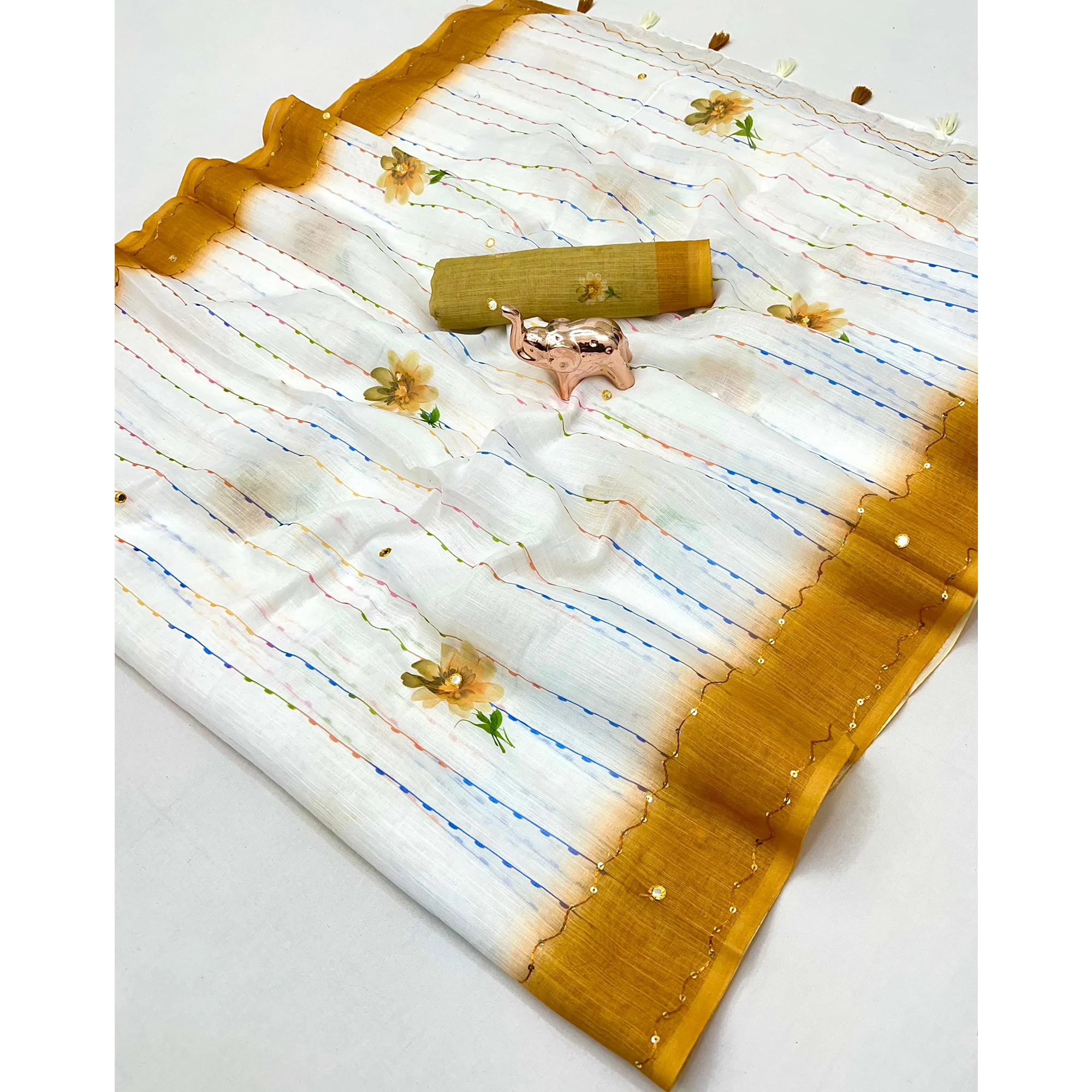 White and Mustard Digital Printed Linen Cotton Saree with Refined Artistic Detailing - Image 3