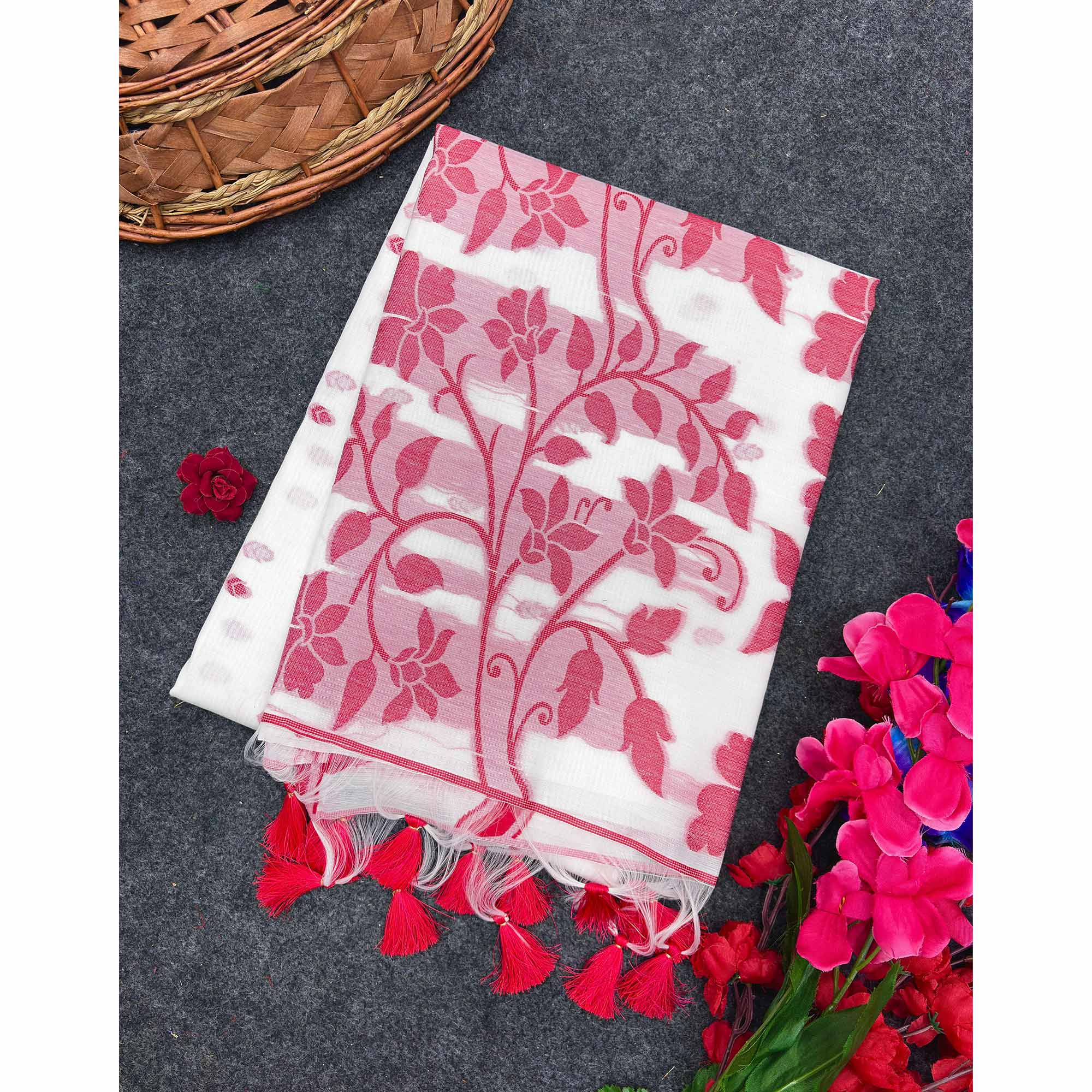 White and Red Floral Weaving Muga Cotton Silk Saree Crafted with Elegant Detailing and Classic Appeal - Image 3
