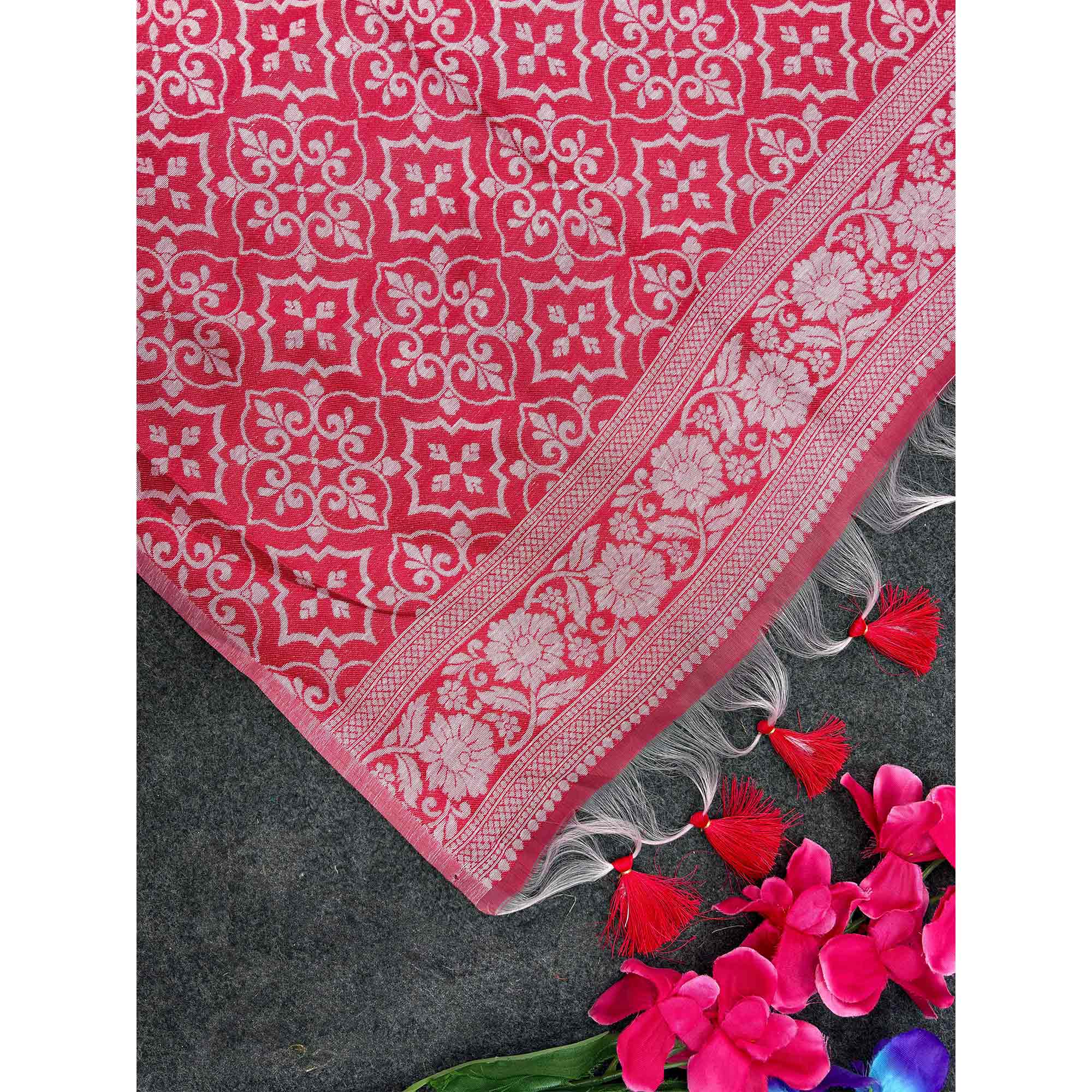 White and Red Traditional Weaving Muga Cotton Silk Saree Designed with Classic Craftsmanship - Image 5