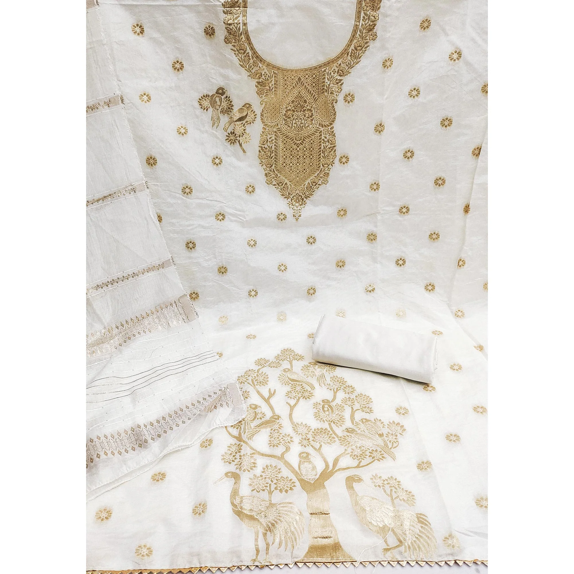 White Banarasi Silk Dress Material With Classic Zari Design - Image 3