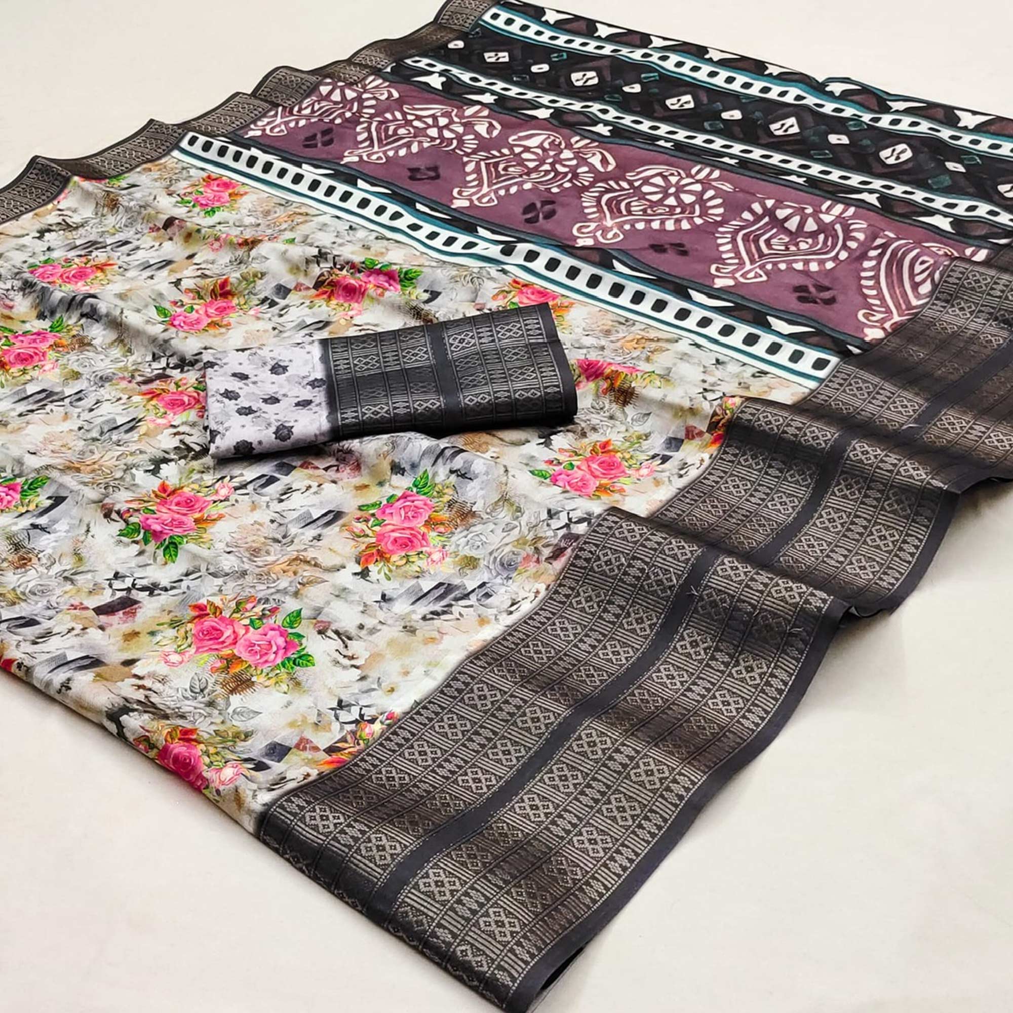 White & Black Floral Digital Printed Cotton Silk Saree - Image 3