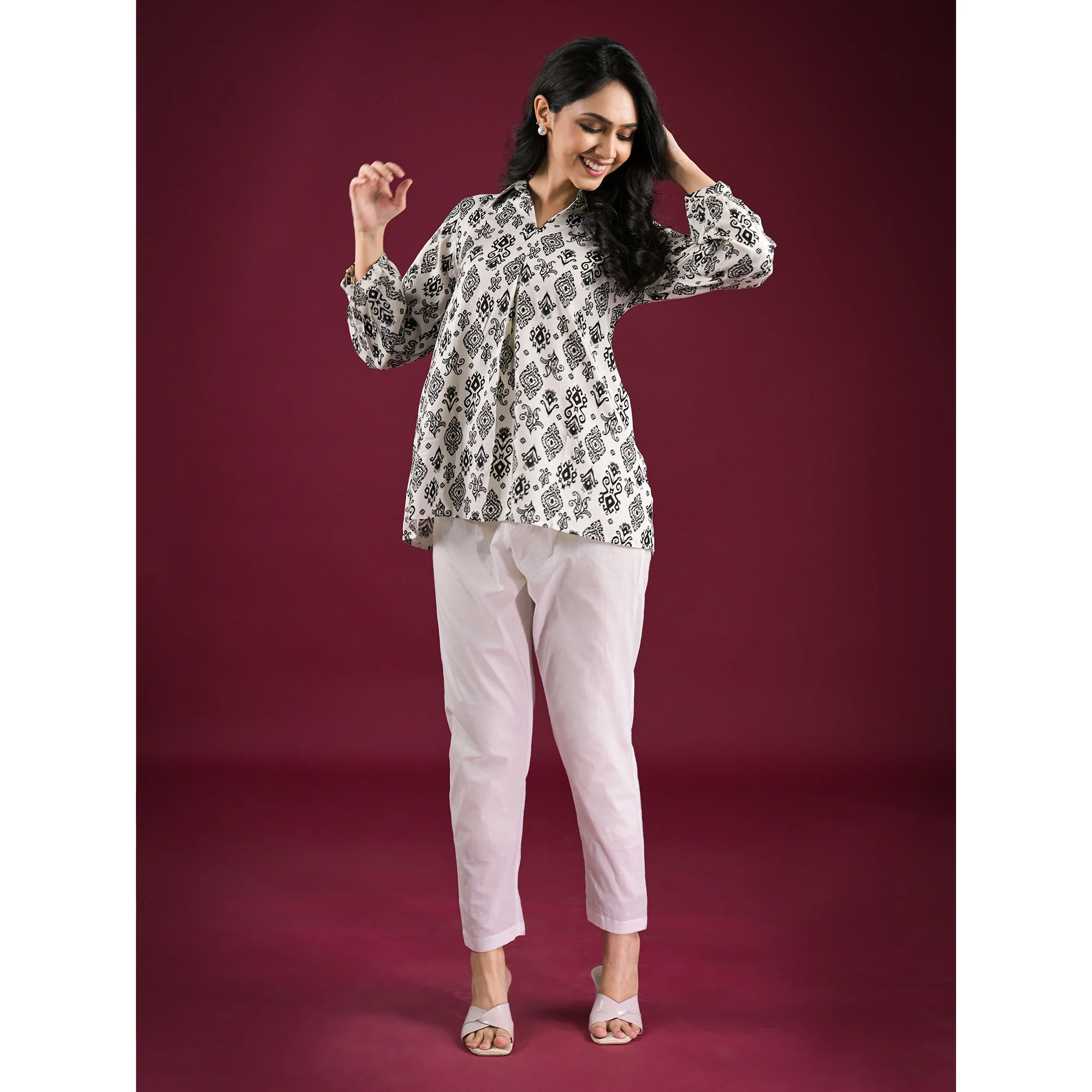 White & Black Floral Printed Rayon Top - Image 6