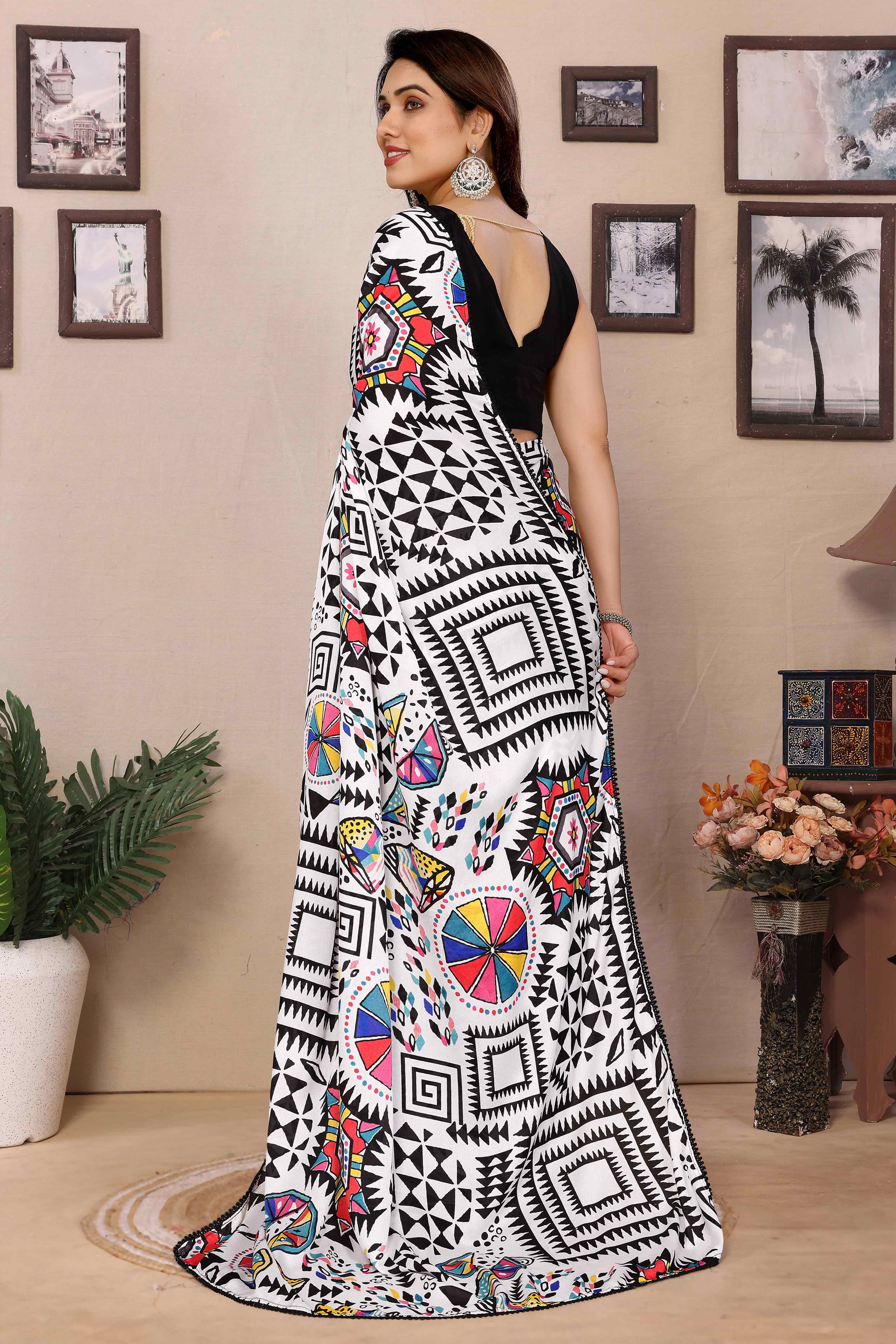 White & Black Geometric Printed Moss Satin Saree - Image 4