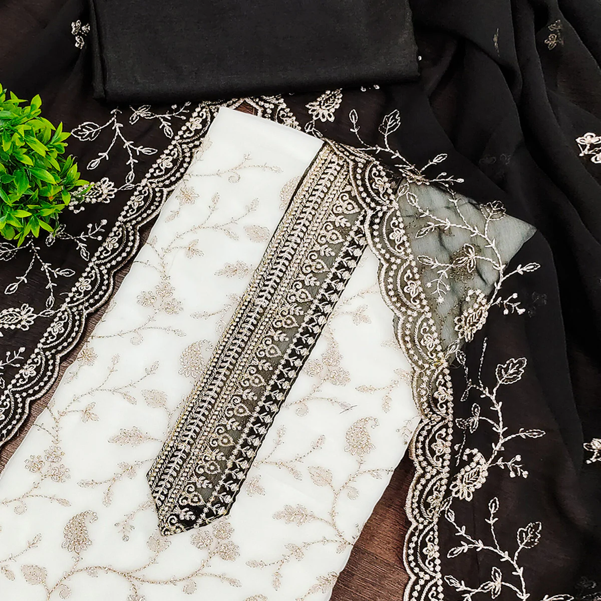 White & Black Georgette Dress Material Showcasing Elegant Floral Thread Embroidery Work - Image 2